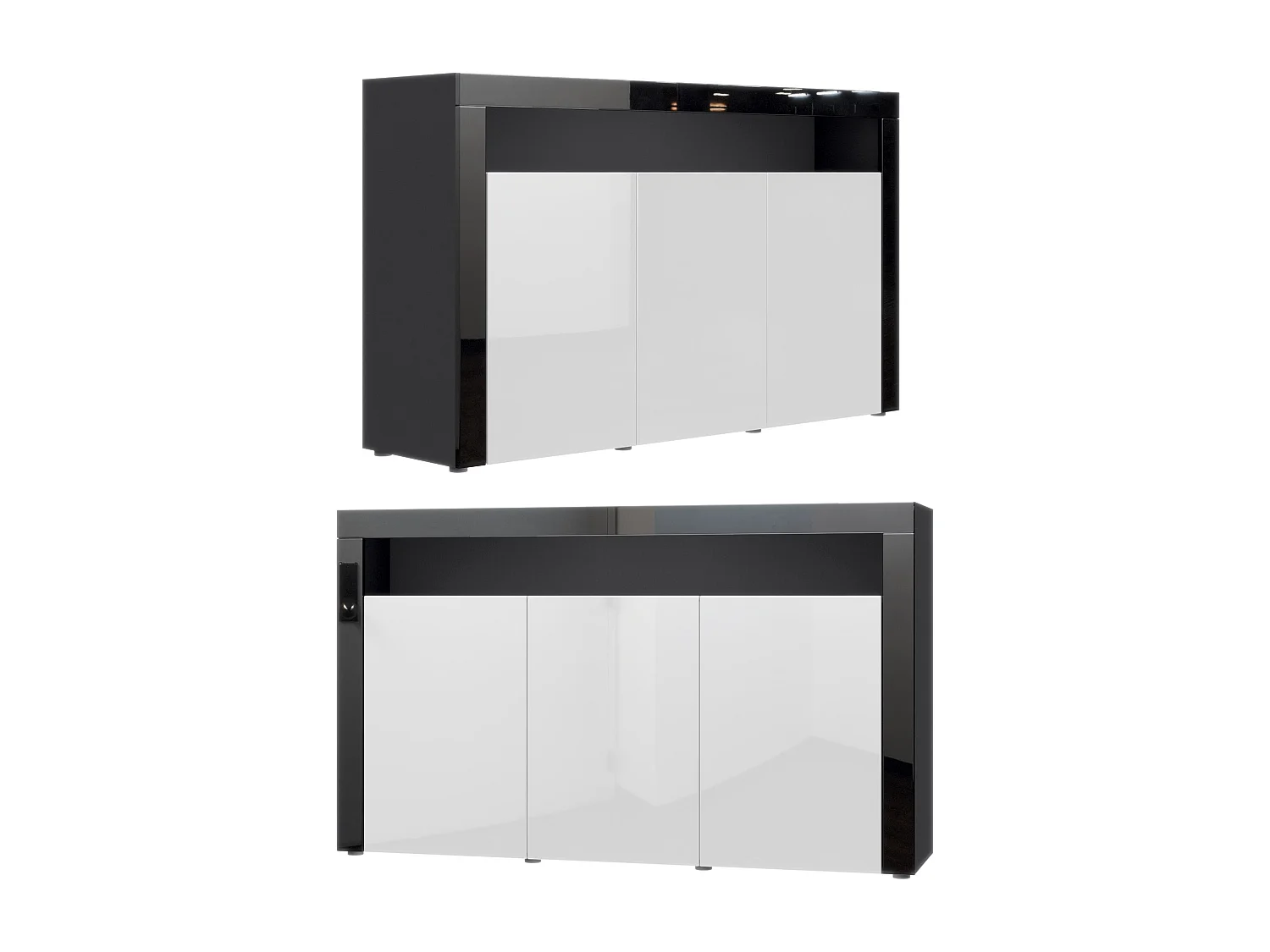 Buffet Valencia, Commode avec 3 portes et 1 compartiment ouvert, Noir mat/chêne nature/noir haute brillance (155 x 92 x 40 cm)