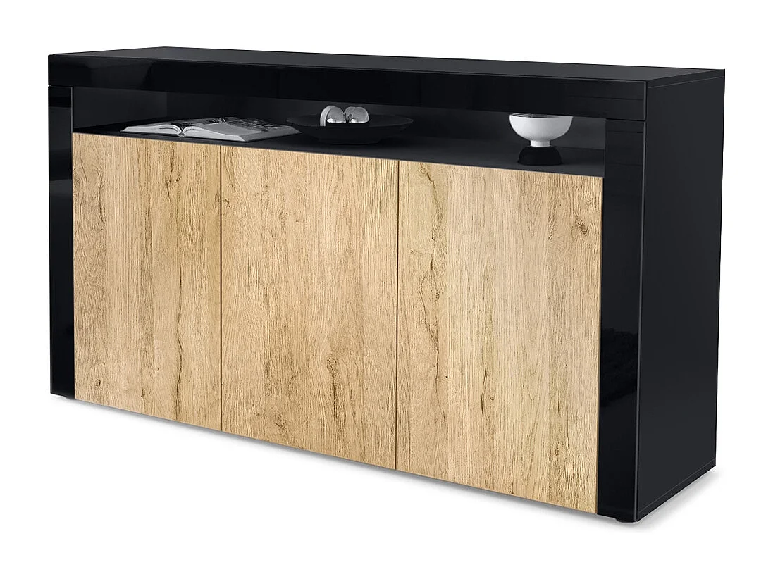 Vladon Cajonera Valencia, Cómoda con 3 Puertas y 1 Compartimento abierto, Negro mate/roble natural/negro de alto brillo (155 x 92 x 40 cm)