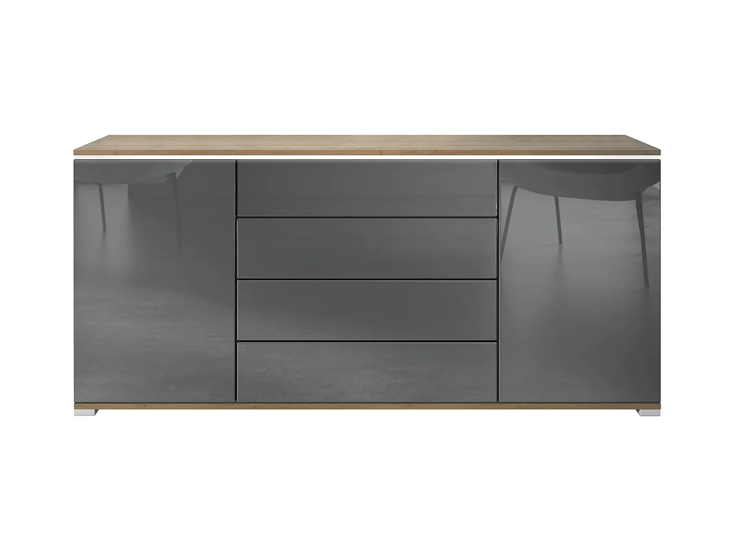 Buffet Faro V2 – Meuble avec 2 Portes & 4 Tiroirs, Armoire avec Bande LED Lumineuse, Chêne Evoke / gris haute brillance (166,5 x 75,5 x 35)