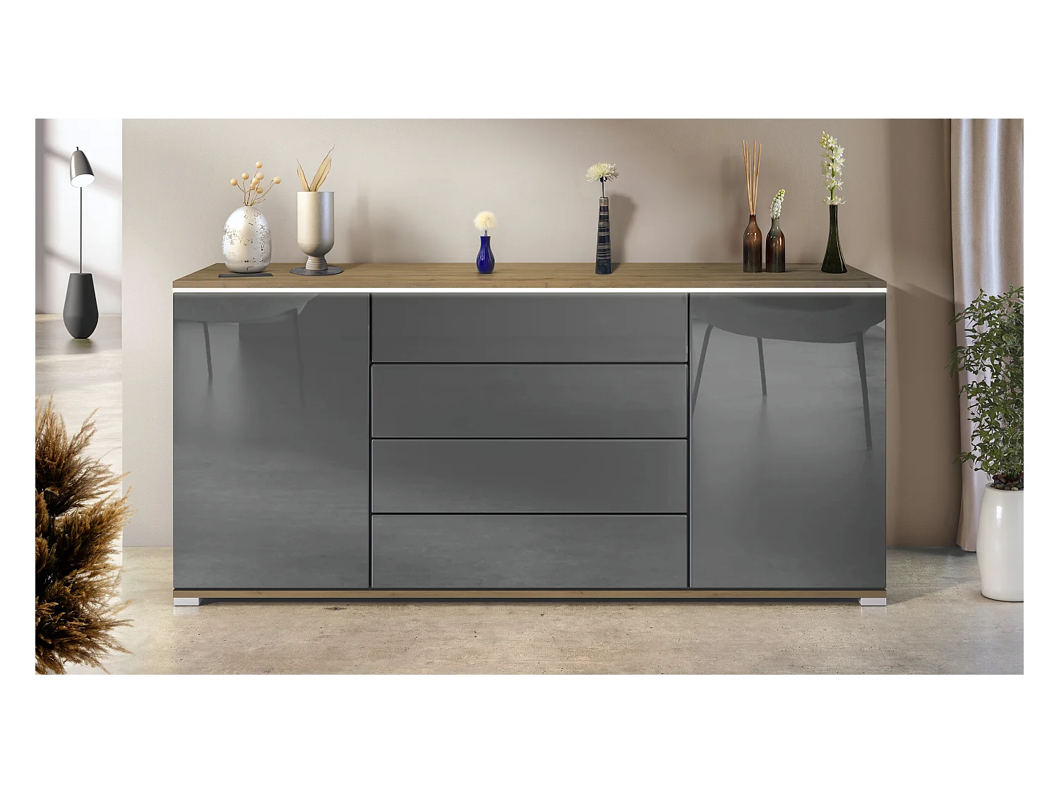 Buffet Faro V2 – Meuble avec 2 Portes & 4 Tiroirs, Armoire avec Bande LED Lumineuse, Chêne Evoke / gris haute brillance (166,5 x 75,5 x 35)