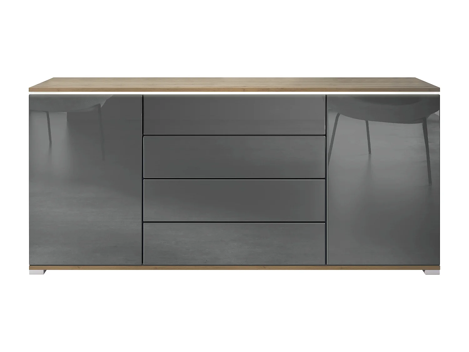 Buffet Faro V2 – Meuble avec 2 Portes & 4 Tiroirs, Armoire avec Bande LED Lumineuse, Chêne Evoke / gris haute brillance (166,5 x 75,5 x 35)
