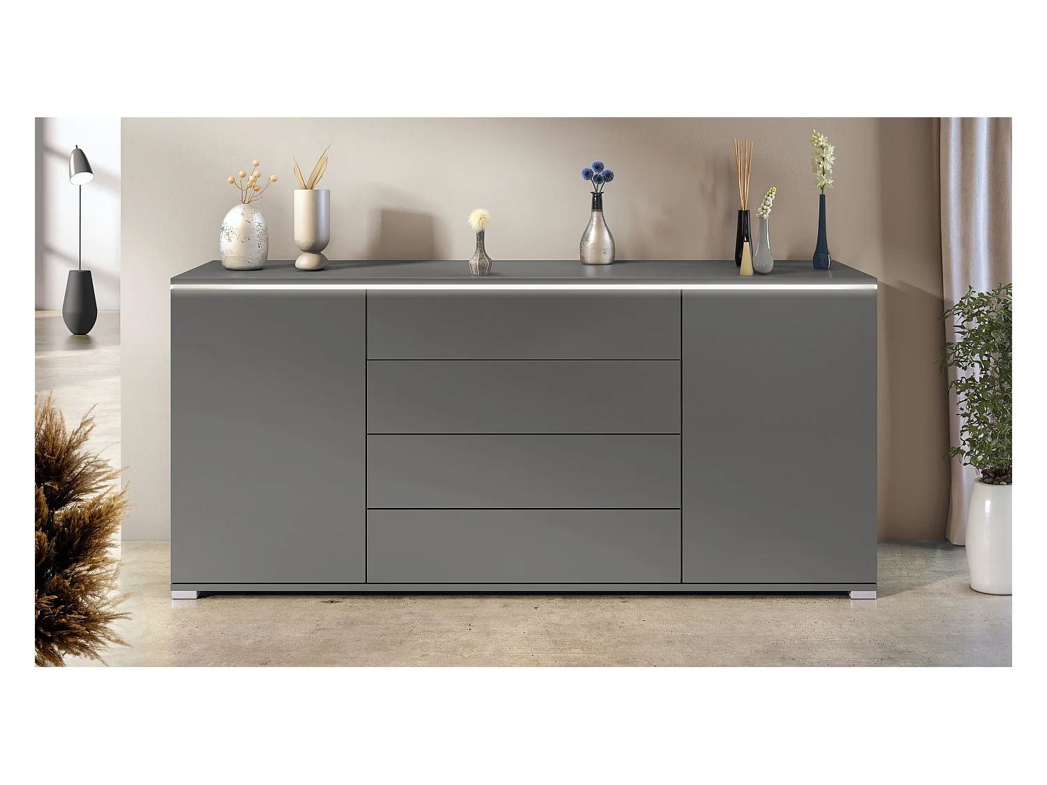 Buffet Faro V2 – Meuble avec 2 Portes & 4 Tiroirs, Armoire avec Bande LED Lumineuse, anthracite mat / anthracite mat (166,5 x 75,5 x 35)