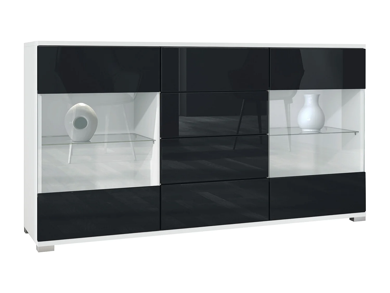 Buffet Bari V1 – Meuble avec 2 Grandes Portes et 4 Tiroirs, blanc mat/noir haute brillance (138,5 x 75,5 x 35)