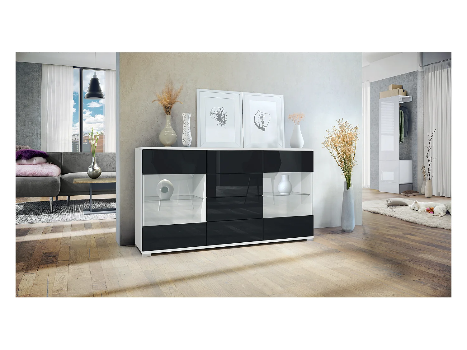 Buffet Bari V1 – Meuble avec 2 Grandes Portes et 4 Tiroirs, blanc mat/noir haute brillance (138,5 x 75,5 x 35)