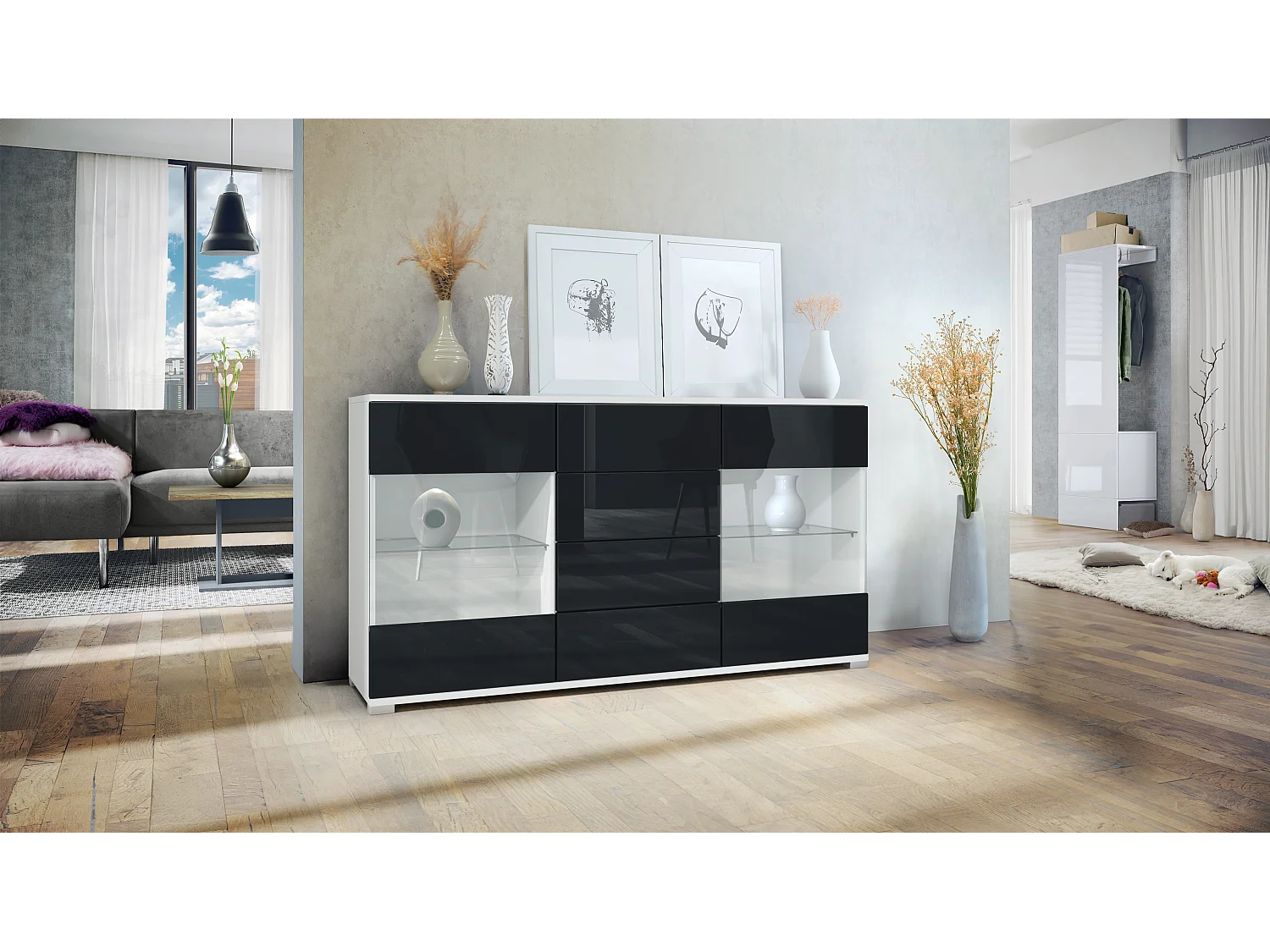 Buffet Bari V1 – Meuble avec 2 Grandes Portes et 4 Tiroirs, blanc mat/noir haute brillance (138,5 x 75,5 x 35)