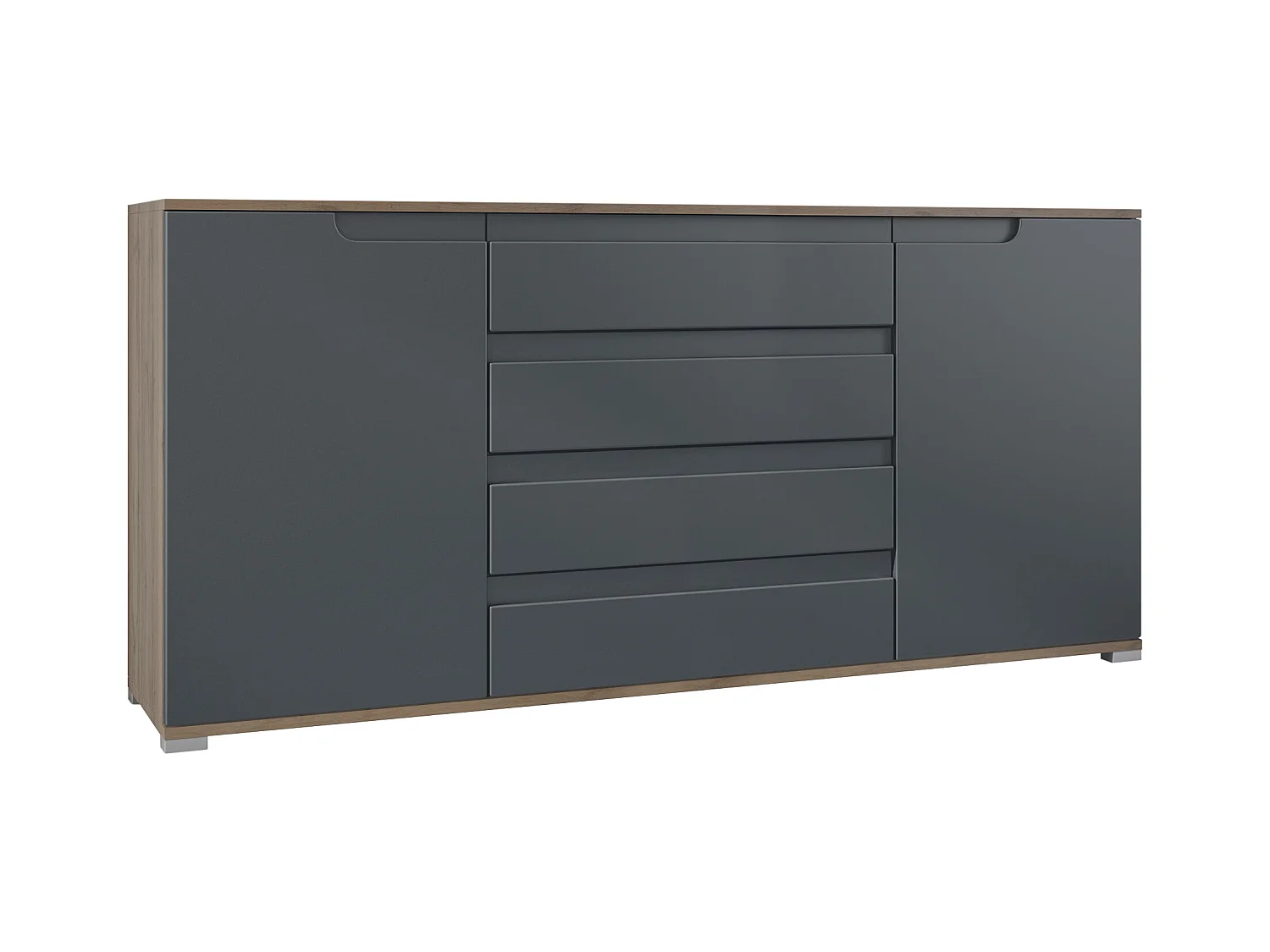 Buffet Sylt V2, Commode avec 2 Portes et 4 Tiroirs, Corps - Chêne Evoke / Façade - anthracite mat / Détails - anthracite mat (166,5 x 75,5 x 35 cm)