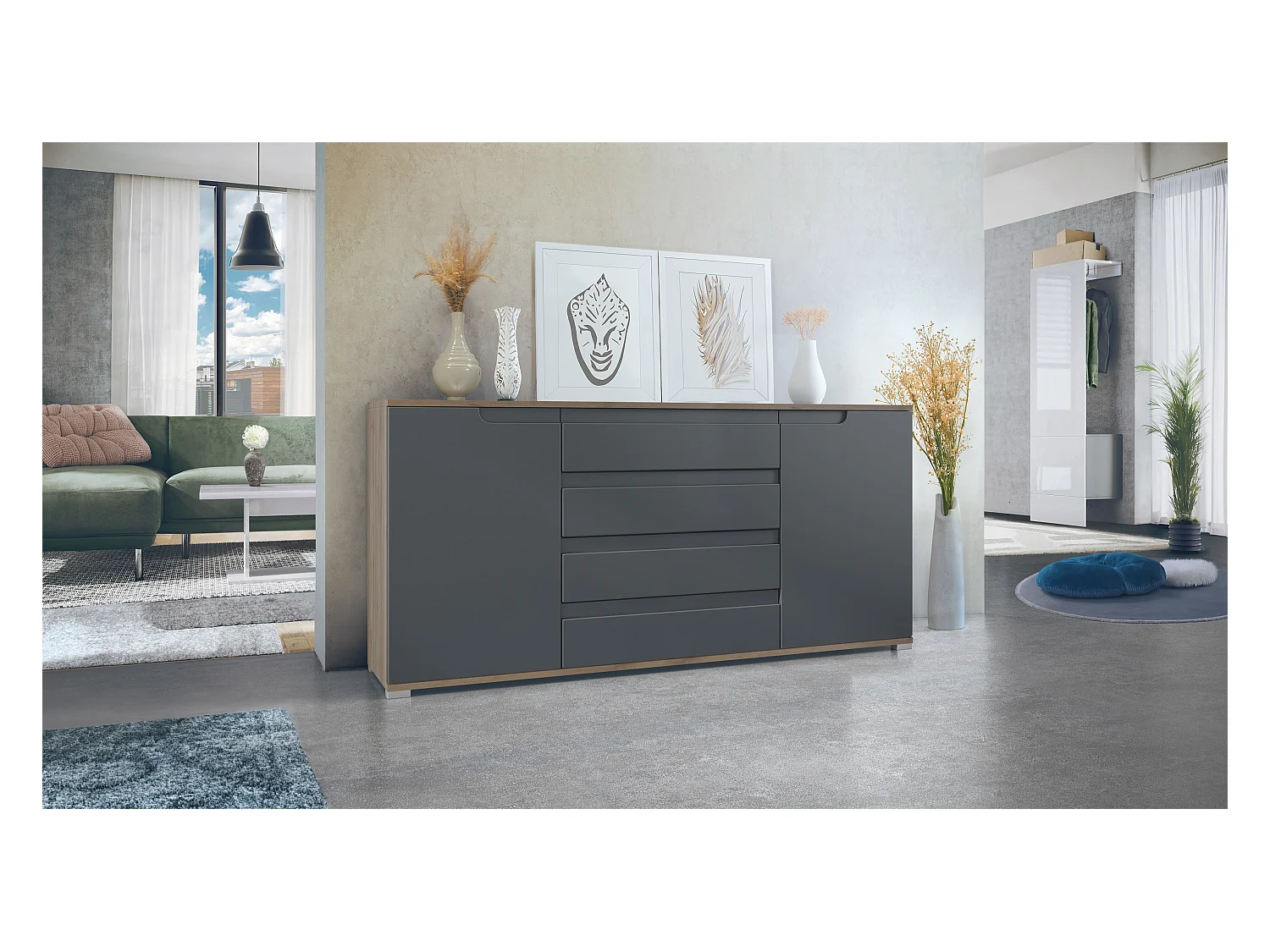 Buffet Sylt V2, Commode avec 2 Portes et 4 Tiroirs, Corps - Chêne Evoke / Façade - anthracite mat / Détails - anthracite mat (166,5 x 75,5 x 35 cm)