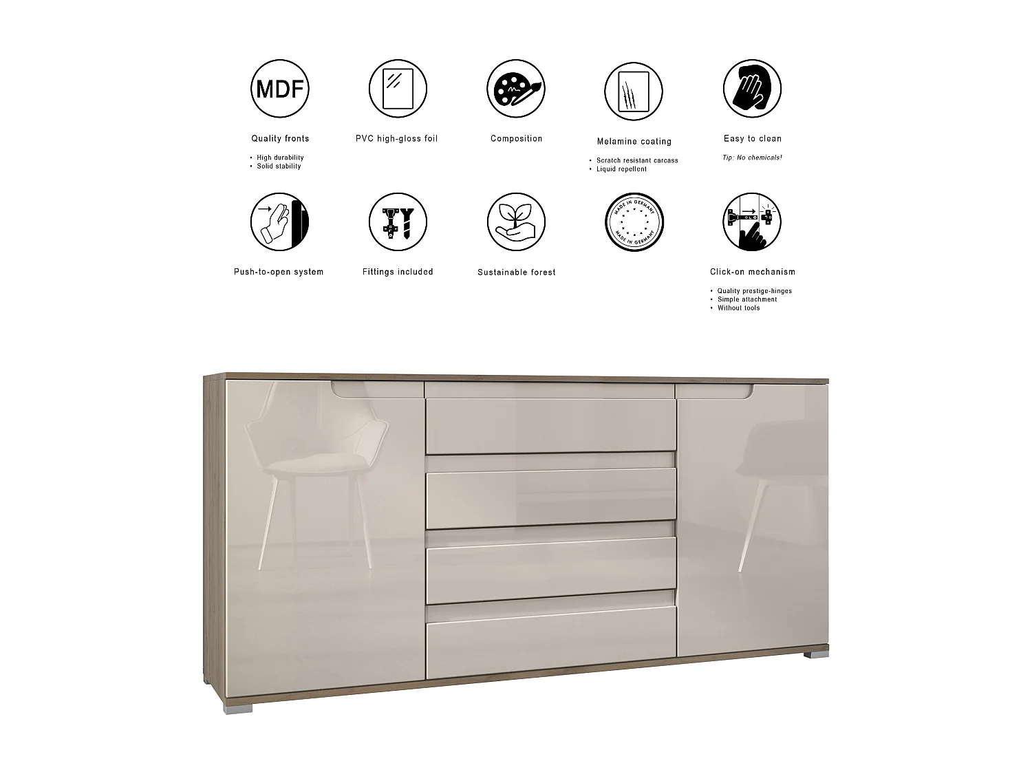 Buffet Sylt V2, Commode avec 2 Portes et 4 Tiroirs, Corps - Chêne Evoke / Façade - anthracite mat / Détails - anthracite mat (166,5 x 75,5 x 35 cm)