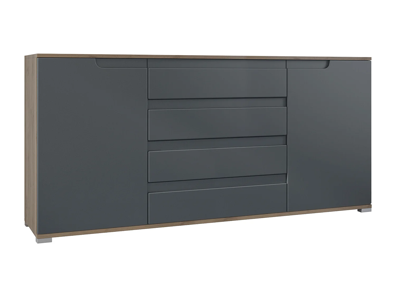 Buffet Sylt V2, Commode avec 2 Portes et 4 Tiroirs, Corps - Chêne Evoke / Façade - anthracite mat / Détails - anthracite mat (166,5 x 75,5 x 35 cm)