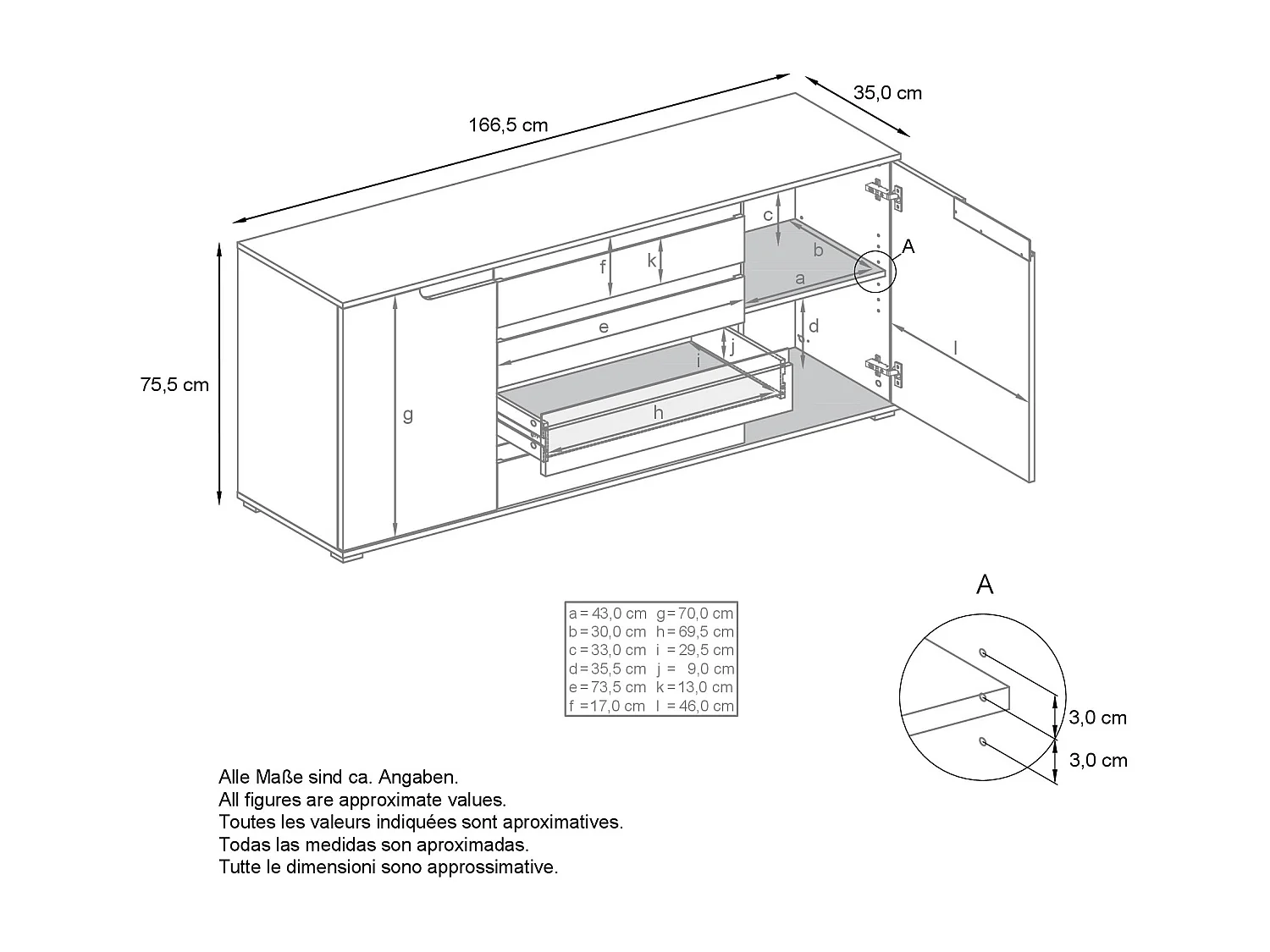Buffet Sylt V2, Commode avec 2 Portes et 4 Tiroirs, Corps - Chêne Evoke / Façade - anthracite mat / Détails - anthracite mat (166,5 x 75,5 x 35 cm)