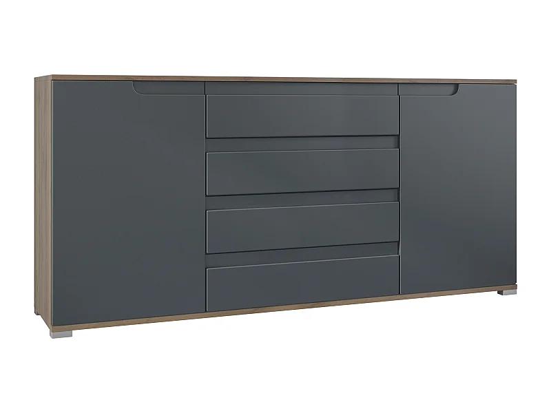 Buffet Sylt V2, Commode avec 2 Portes et 4 Tiroirs, Corps - Chêne Evoke / Façade - anthracite mat / Détails - anthracite mat (166,5 x 75,5 x 35 cm)