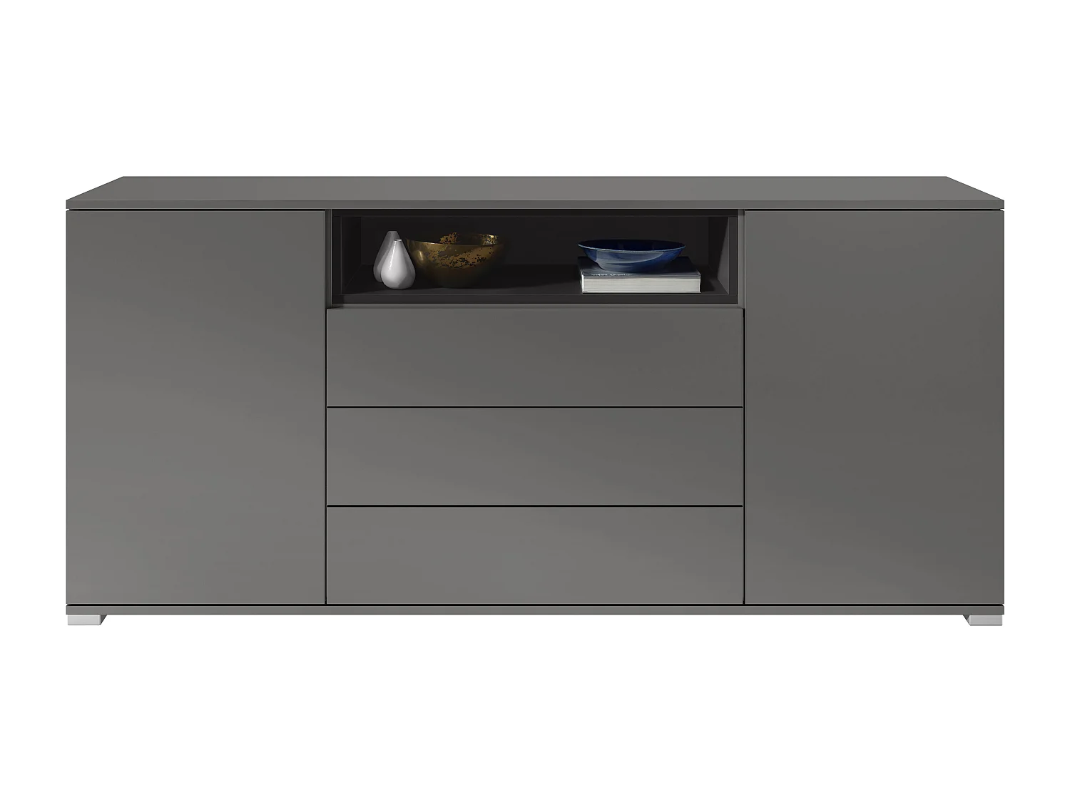 Skadu V4 Buffet, Commode avec 2 portes, 3 tiroirs et 1 compartiment ouvert, anthracite mat/noir mat (166,5 x 75,5 x 35 cm)