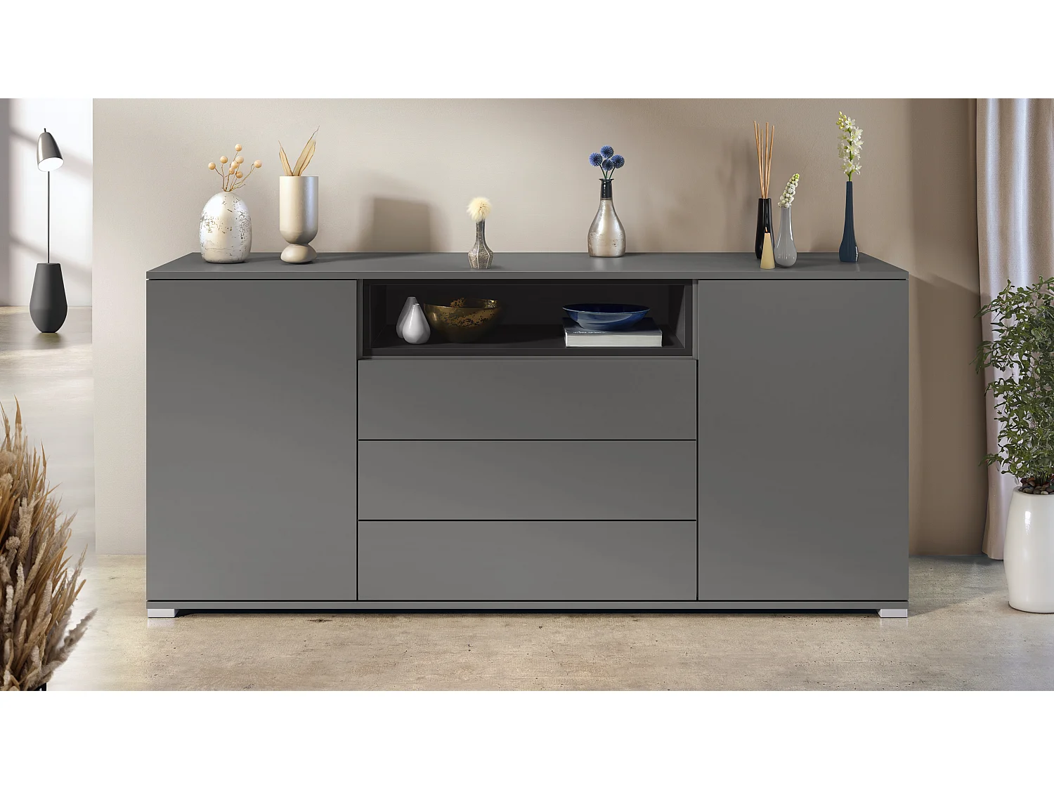 Skadu V4 Credenza, mobile con 2 ante, 3 cassetti e 1 scomparto a giorno, antracite opaco /nero opaco (166,5 x 75,5 x 35 cm)