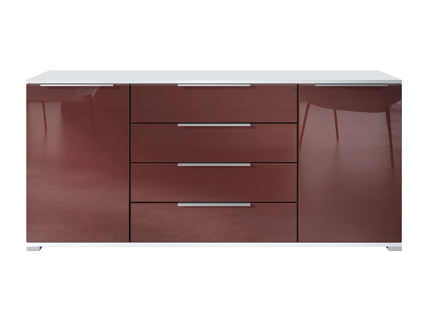 Buffet Linio V2 – Commode moderne avec 2 portes et 4 tiroirs, blanc mat/bordeaux haute brillance, 166,5 x 75,5 x 35 cm (L x H x P) – Meuble de rangement bahut