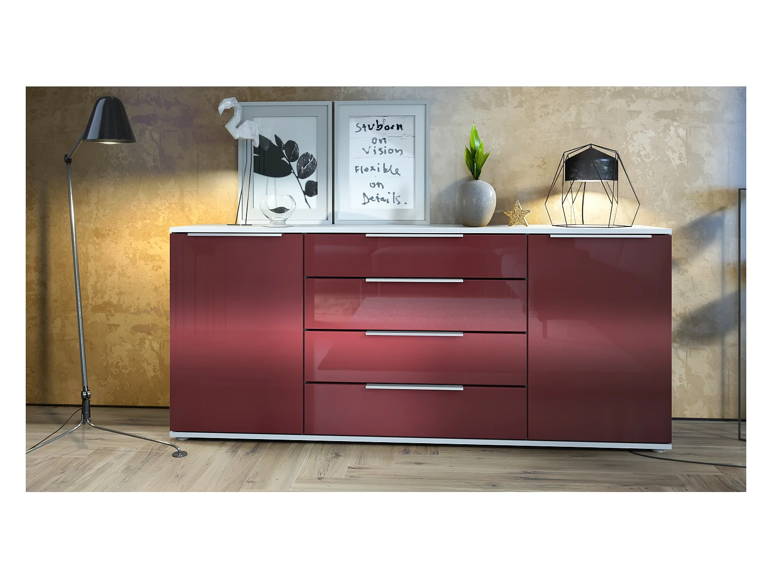 Buffet Linio V2 – Commode moderne avec 2 portes et 4 tiroirs, blanc mat/bordeaux haute brillance, 166,5 x 75,5 x 35 cm (L x H x P) – Meuble de rangement bahut