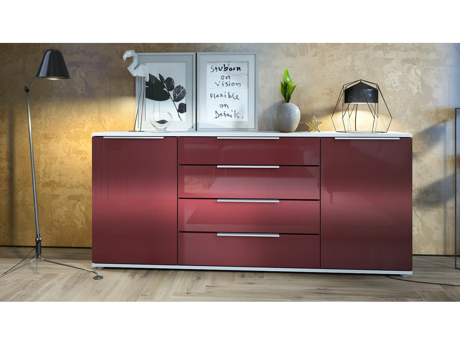 Buffet Linio V2 – Commode moderne avec 2 portes et 4 tiroirs, blanc mat/bordeaux haute brillance, 166,5 x 75,5 x 35 cm (L x H x P) – Meuble de rangement bahut