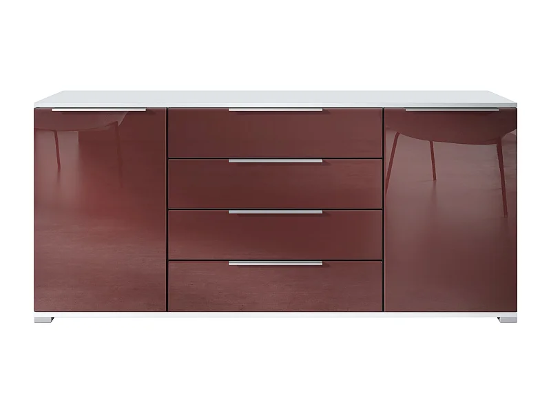 Buffet Linio V2 – Commode moderne avec 2 portes et 4 tiroirs, blanc mat/bordeaux haute brillance, 166,5 x 75,5 x 35 cm (L x H x P) – Meuble de rangement bahut