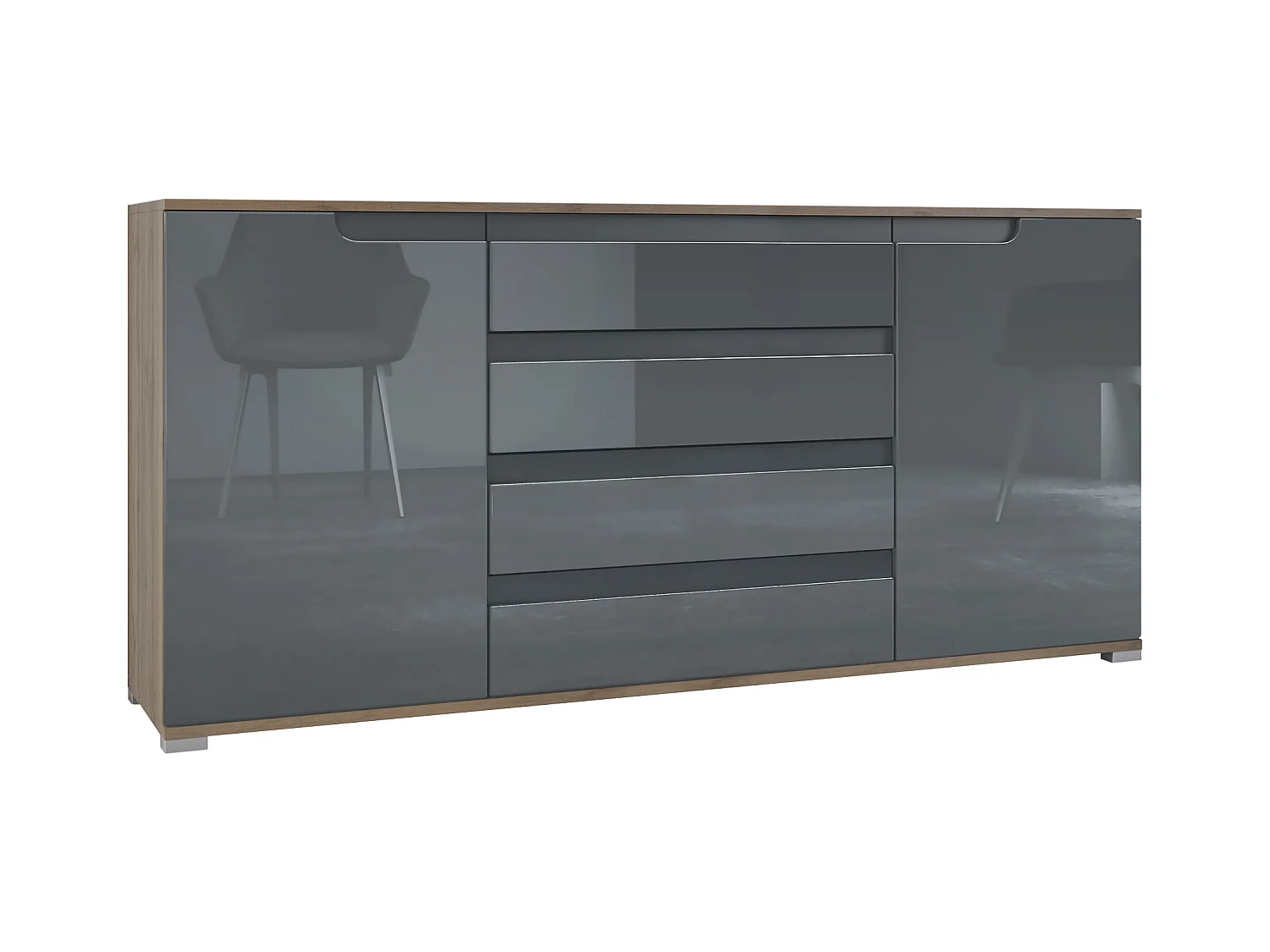 Buffet Sylt V2, Commode avec 2 Portes et 4 Tiroirs, Corps - Chêne Evoke / Façade - gris haute brillance / Détails - anthracite mat (166,5 x 75,5 x 35 cm)