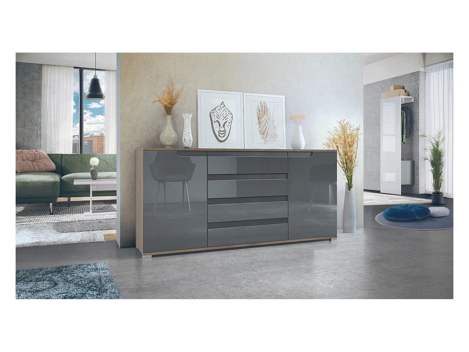 Buffet Sylt V2, Commode avec 2 Portes et 4 Tiroirs, Corps - Chêne Evoke / Façade - gris haute brillance / Détails - anthracite mat (166,5 x 75,5 x 35 cm)