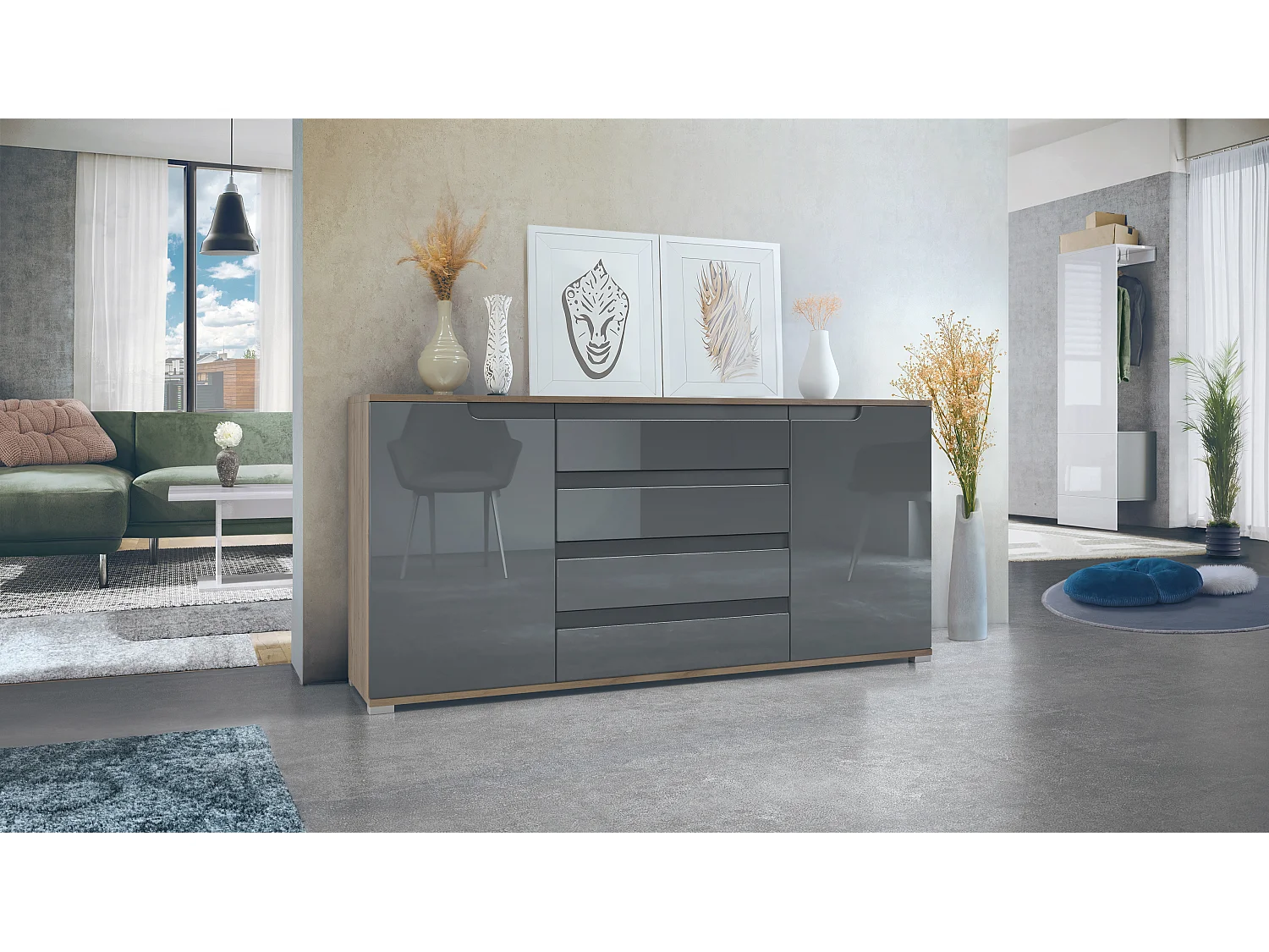 Buffet Sylt V2, Commode avec 2 Portes et 4 Tiroirs, Corps - Chêne Evoke / Façade - gris haute brillance / Détails - anthracite mat (166,5 x 75,5 x 35 cm)