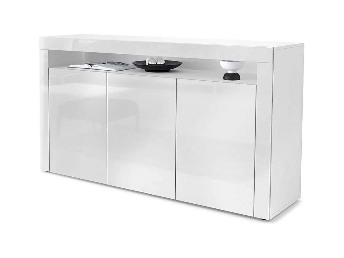 Buffet Valencia, Commode avec 3 portes et 1 compartiment ouvert, Blanc mat/blanc haute brillance/blanc haute brillance (155 x 92 x 40 cm)