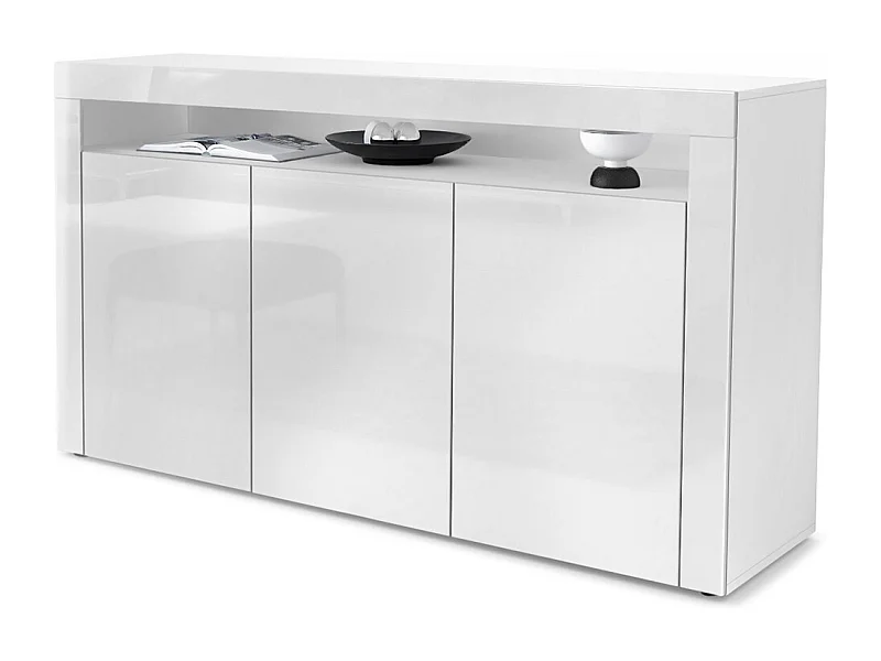 Buffet Valencia, Commode avec 3 portes et 1 compartiment ouvert, Blanc mat/blanc haute brillance/blanc haute brillance (155 x 92 x 40 cm)