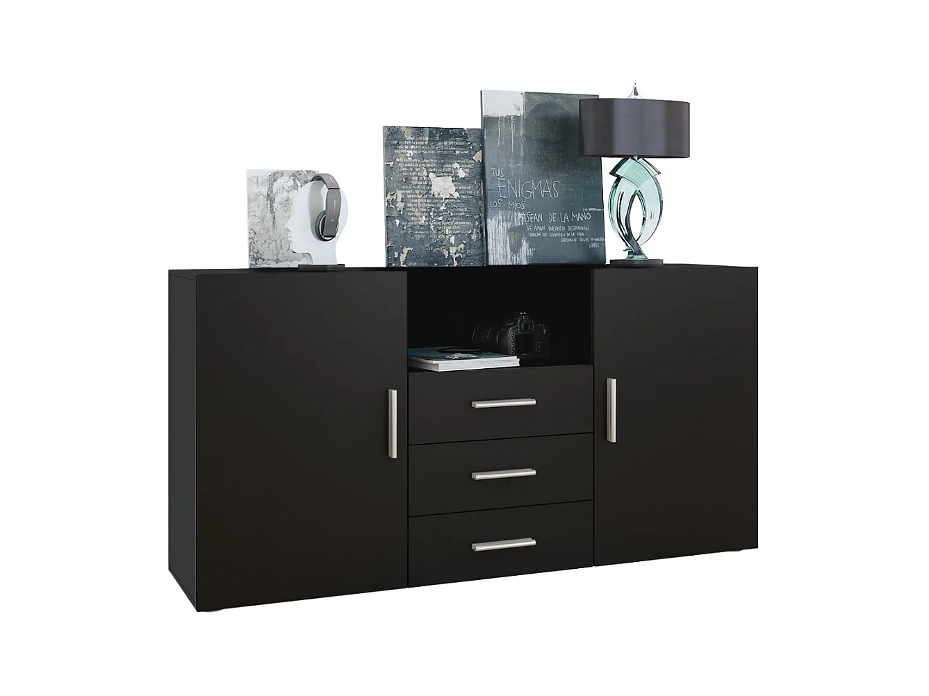 Buffet Skadu, Commode avec 2 portes, 3 tiroirs et 1 compartiment ouvert, noir mat/noir mat (138,5 x 71,5 x 35 cm)