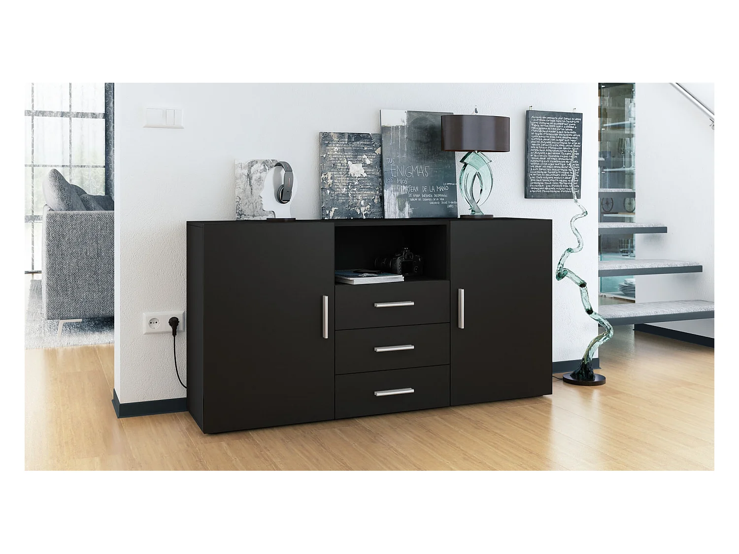 Buffet Skadu, Commode avec 2 portes, 3 tiroirs et 1 compartiment ouvert, noir mat/noir mat (138,5 x 71,5 x 35 cm)