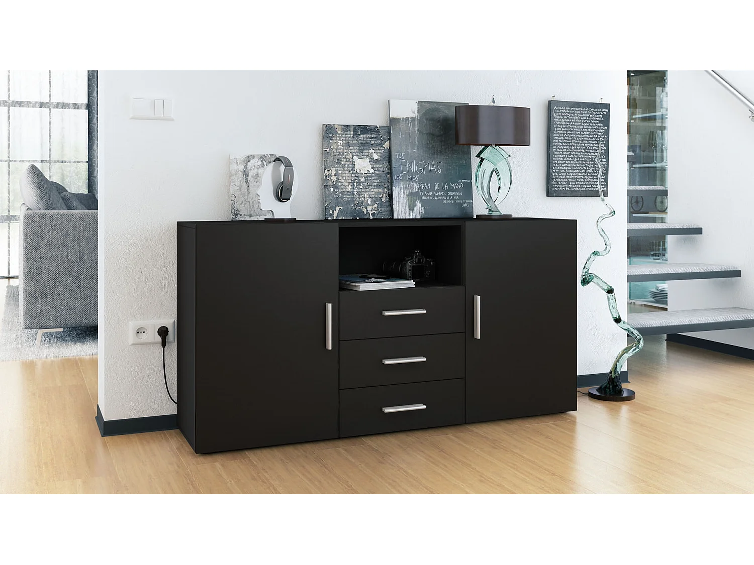 Buffet Skadu, Commode avec 2 portes, 3 tiroirs et 1 compartiment ouvert, noir mat/noir mat (138,5 x 71,5 x 35 cm)