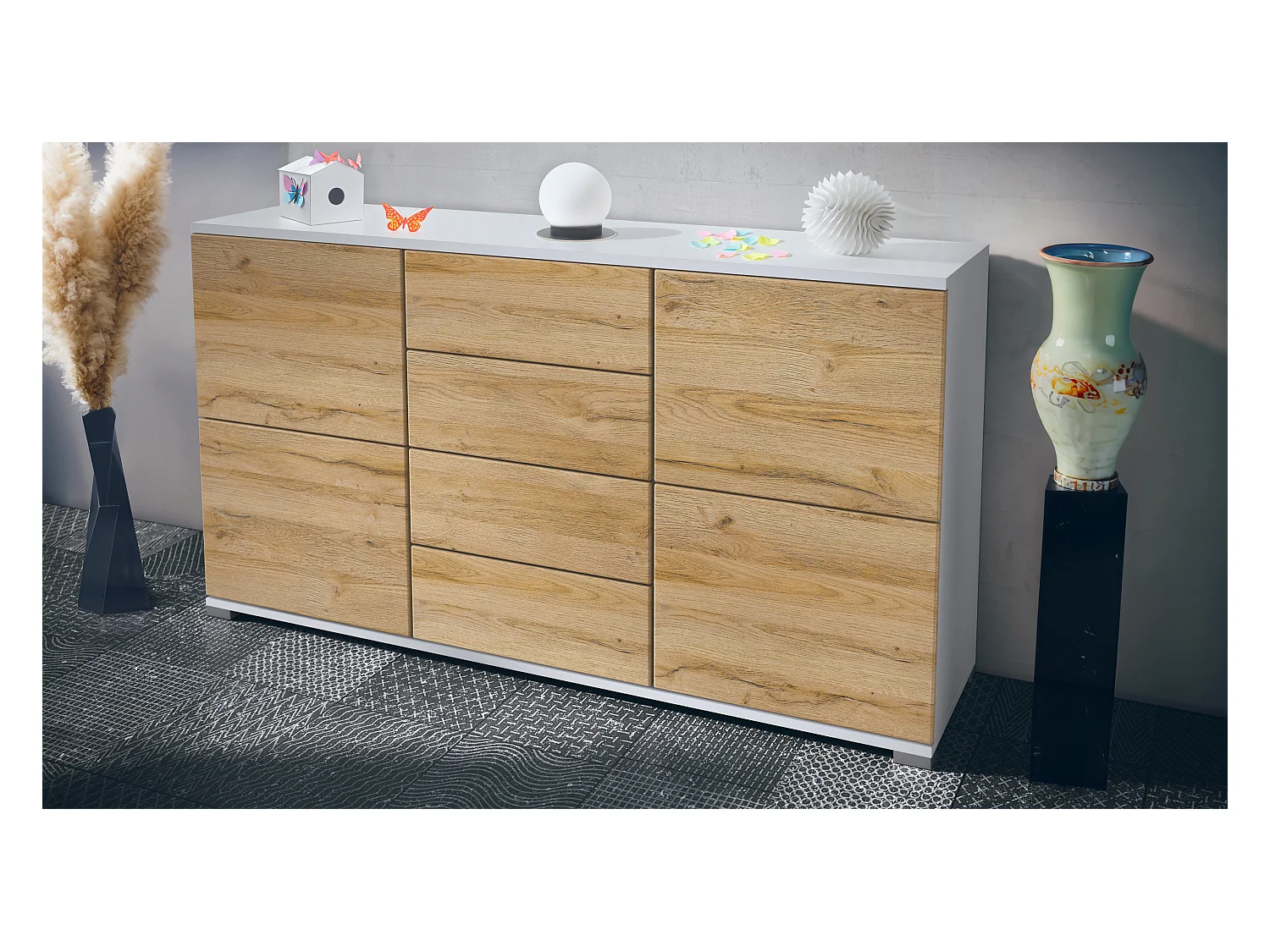 Buffet Rova V1 – Meuble avec 4 Portes et 4 Tiroirs, blanc mat/chêne nature (138,5 x 75,5 x 35)