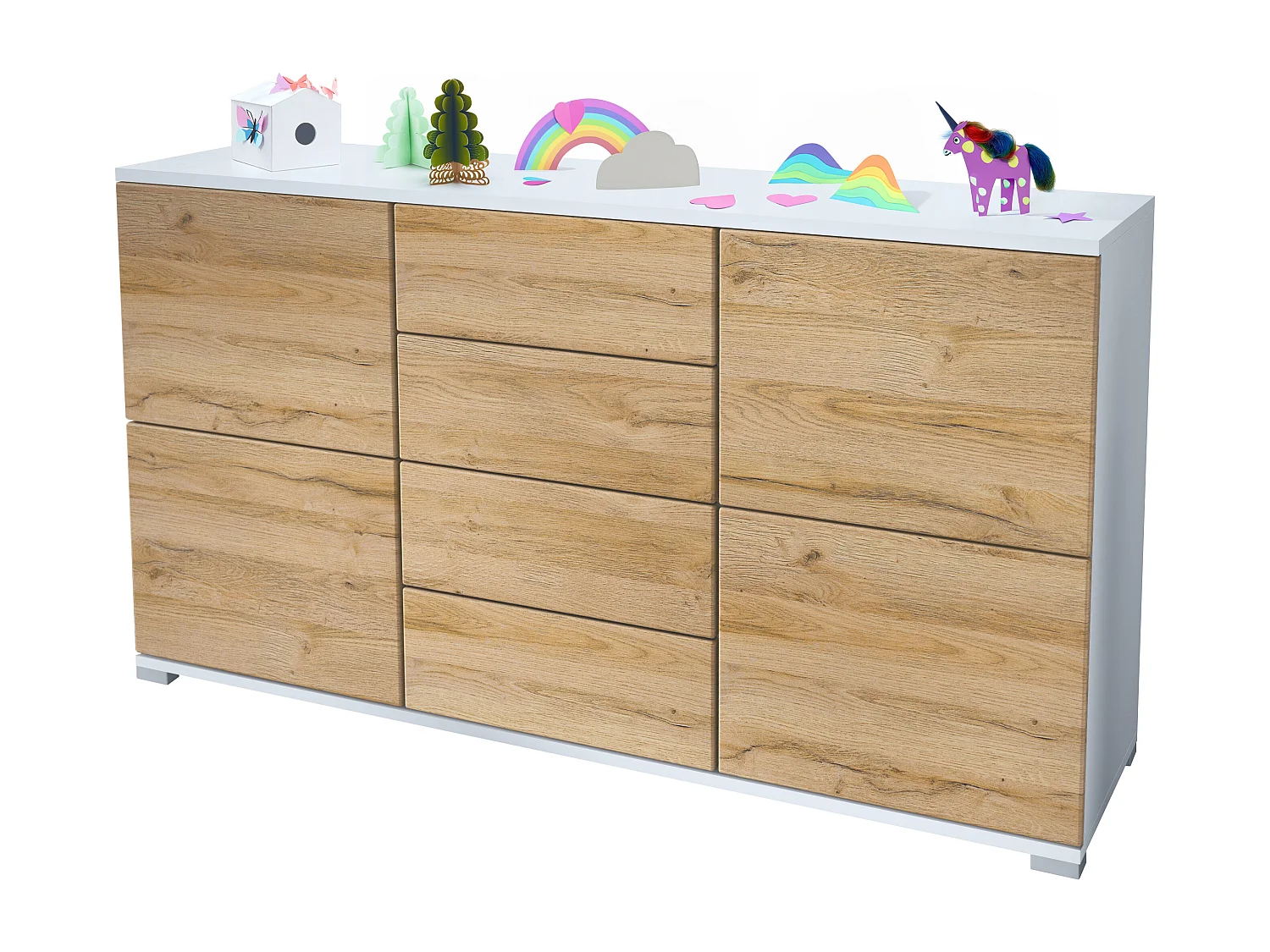 Buffet Rova V1 – Meuble avec 4 Portes et 4 Tiroirs, blanc mat/chêne nature (138,5 x 75,5 x 35)