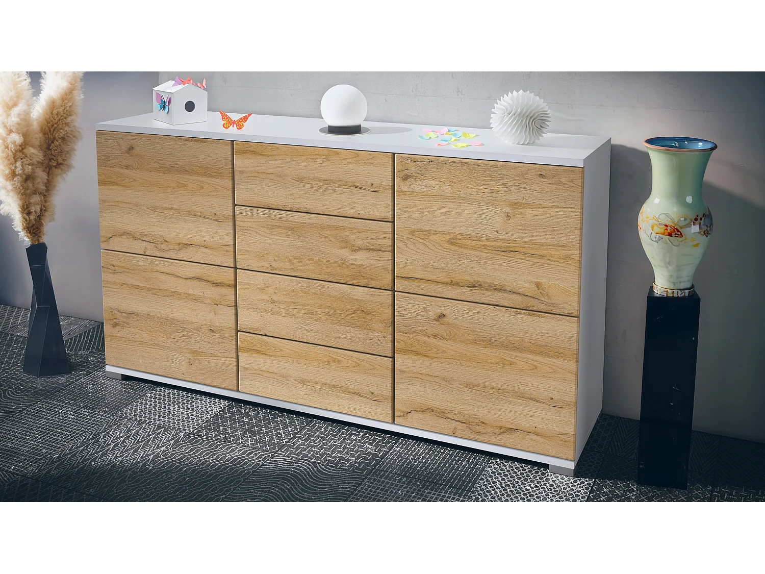 Buffet Rova V1 – Meuble avec 4 Portes et 4 Tiroirs, blanc mat/chêne nature (138,5 x 75,5 x 35)