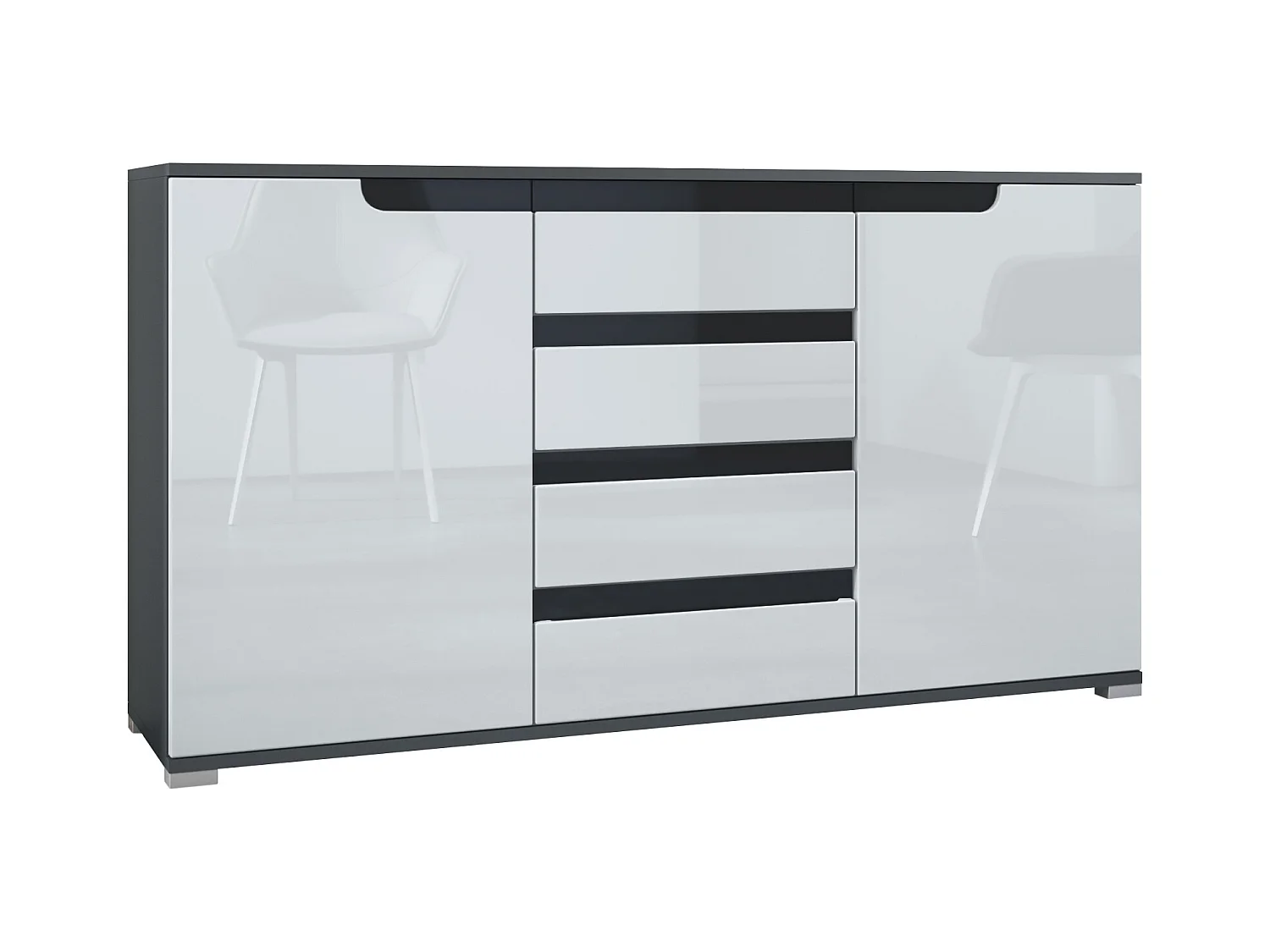 SIDEBOARD Sylt Weiß Hochglanz / Schwarz Hochglanz