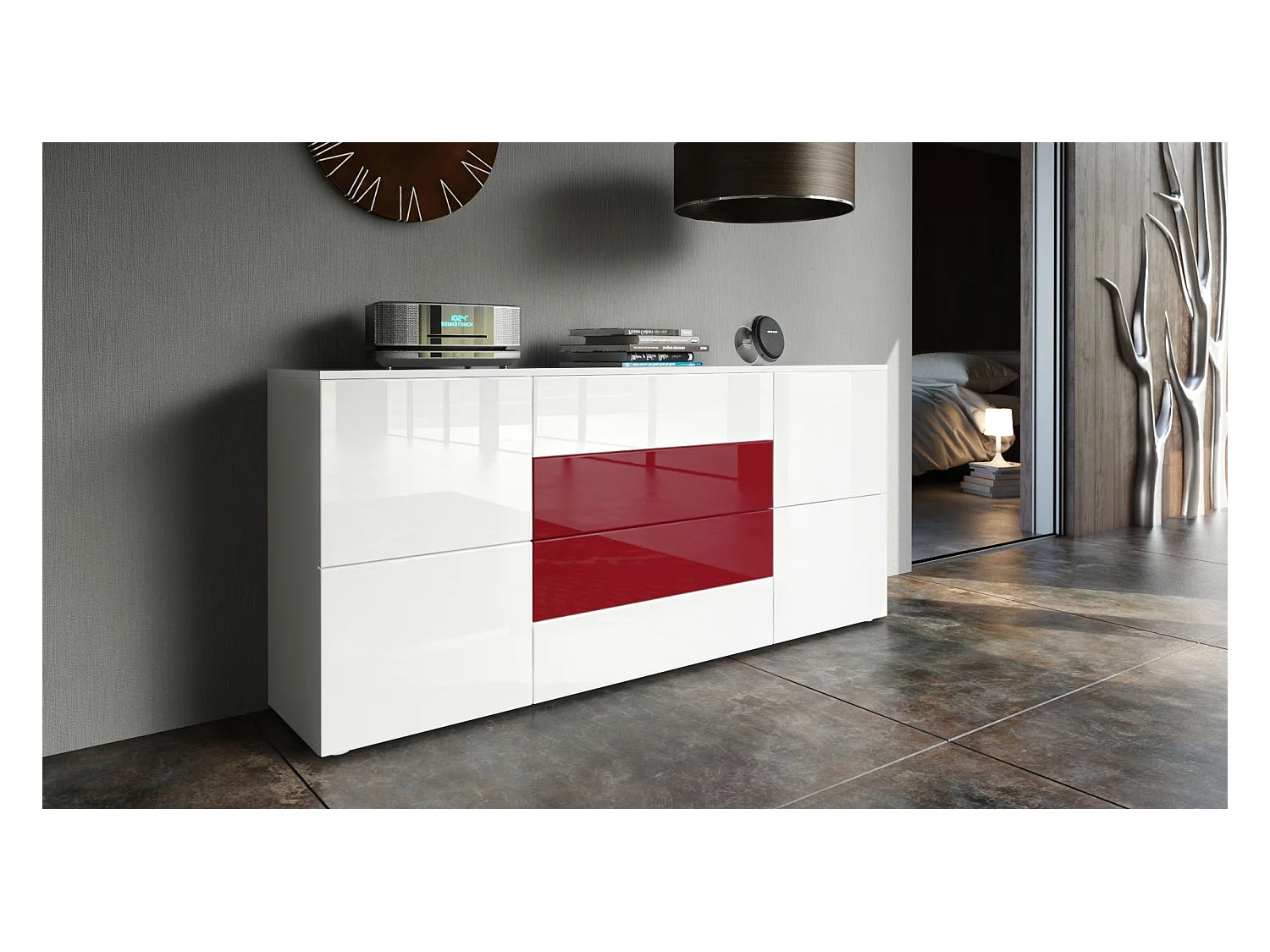SIDEBOARD Rova Weiß Hochglanz / Bordeaux Hochglanz
