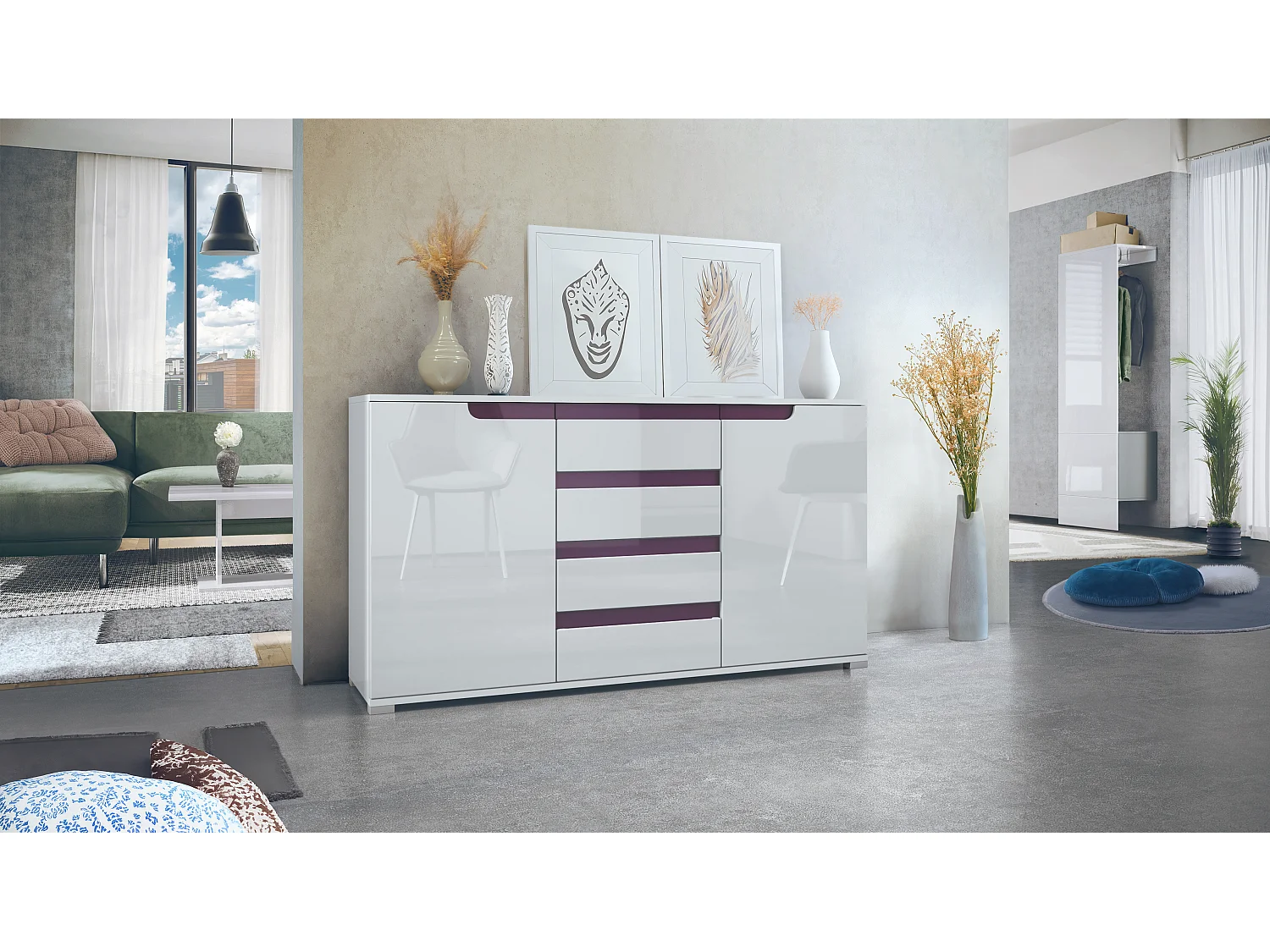 Buffet Dressoir Sylt, Corps en Noir mat / Façades en blanc haute brillance avec un decor en mûre haute brillance (139 x 72 x 35)