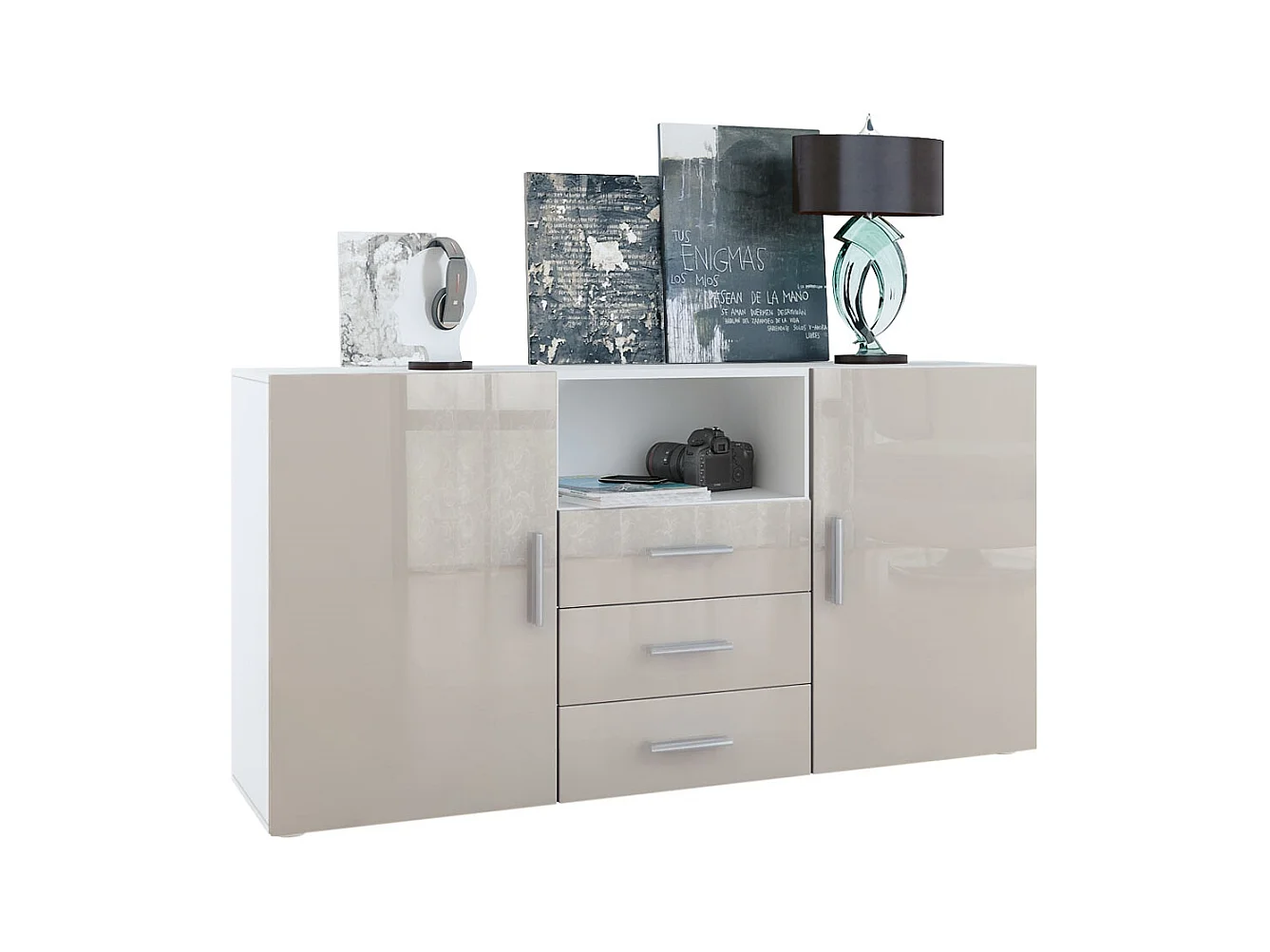 Buffet Skadu, Commode avec 2 portes, 3 tiroirs et 1 compartiment ouvert, blanc mat/gris sable haute brillance (138,5 x 71,5 x 35 cm)