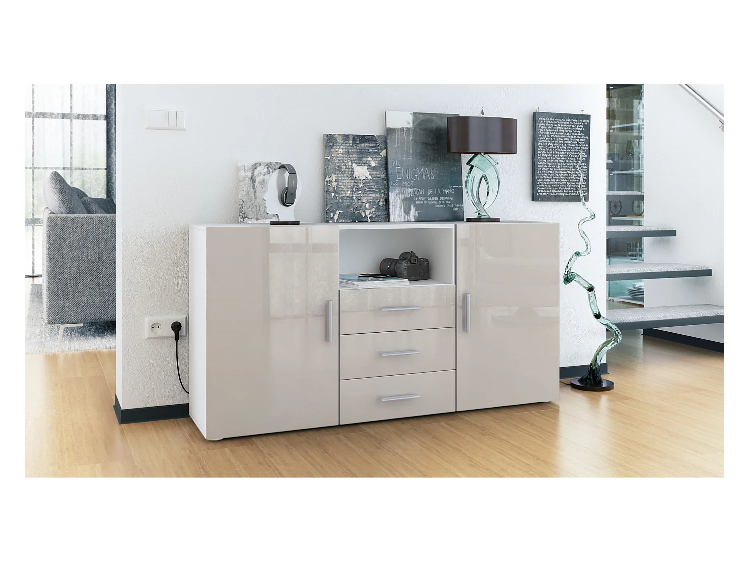 Buffet Skadu, Commode avec 2 portes, 3 tiroirs et 1 compartiment ouvert, blanc mat/gris sable haute brillance (138,5 x 71,5 x 35 cm)