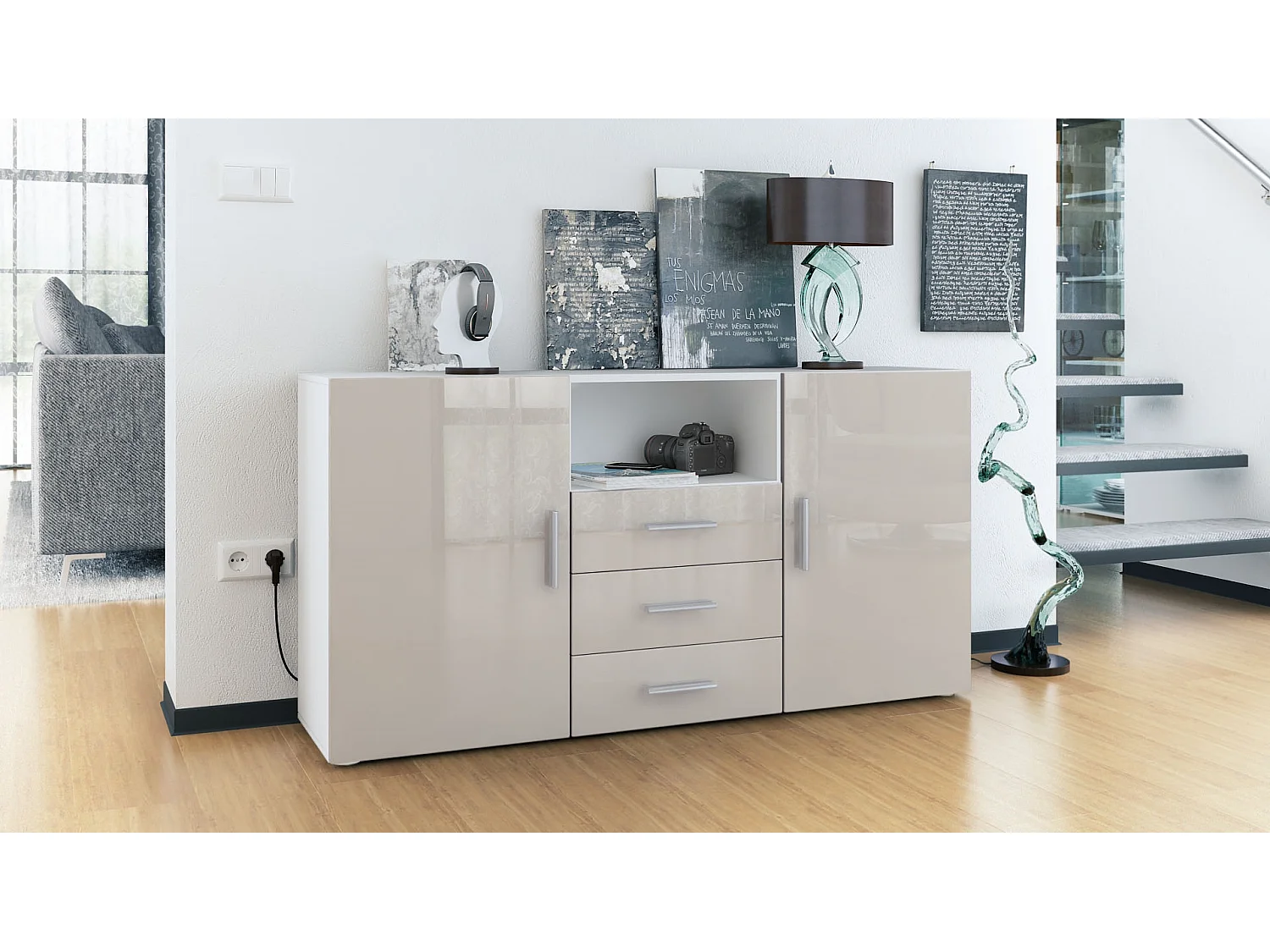 Buffet Skadu, Commode avec 2 portes, 3 tiroirs et 1 compartiment ouvert, blanc mat/gris sable haute brillance (138,5 x 71,5 x 35 cm)