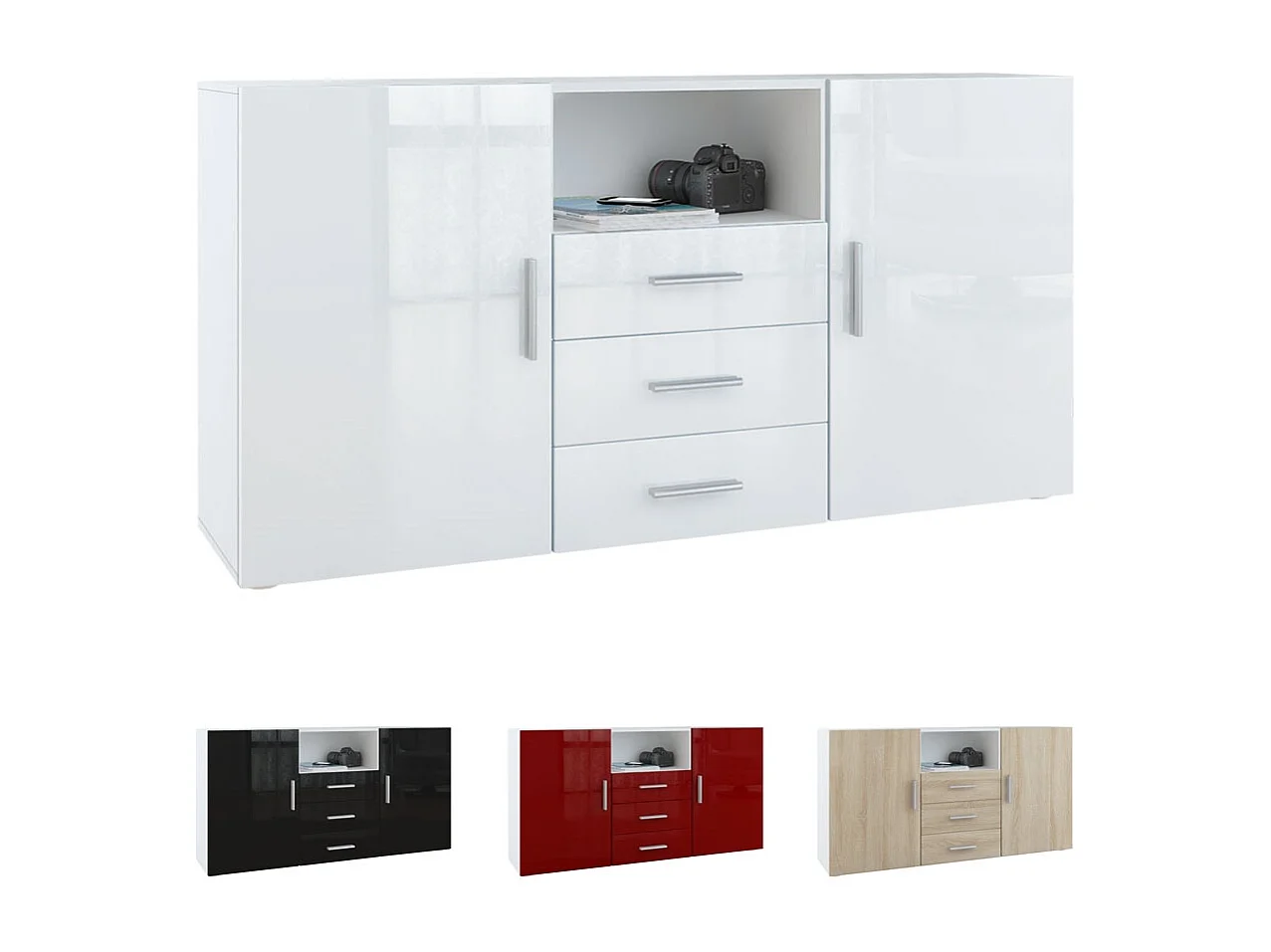 Buffet Skadu, Commode avec 2 portes, 3 tiroirs et 1 compartiment ouvert, blanc mat/gris sable haute brillance (138,5 x 71,5 x 35 cm)