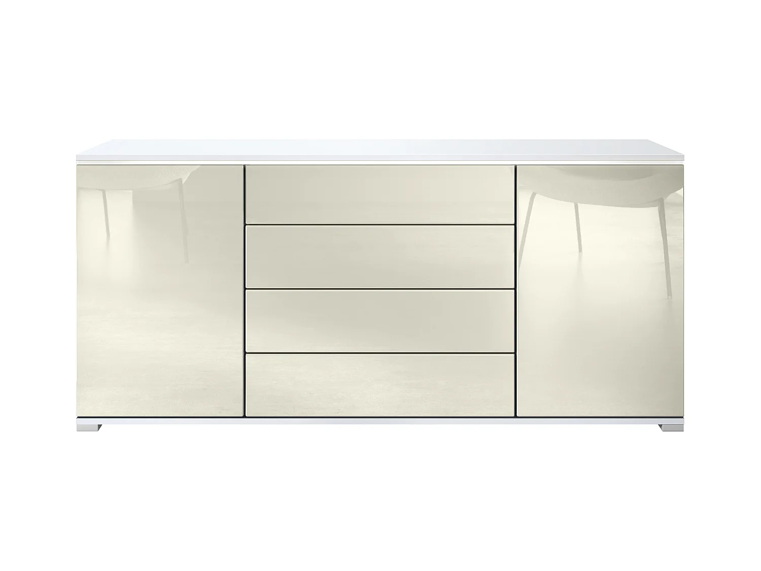 Buffet Faro V2 – Meuble avec 2 Portes & 4 Tiroirs, Armoire avec Bande LED Lumineuse, blanc mat / crème haute brillance (166,5 x 75,5 x 35)