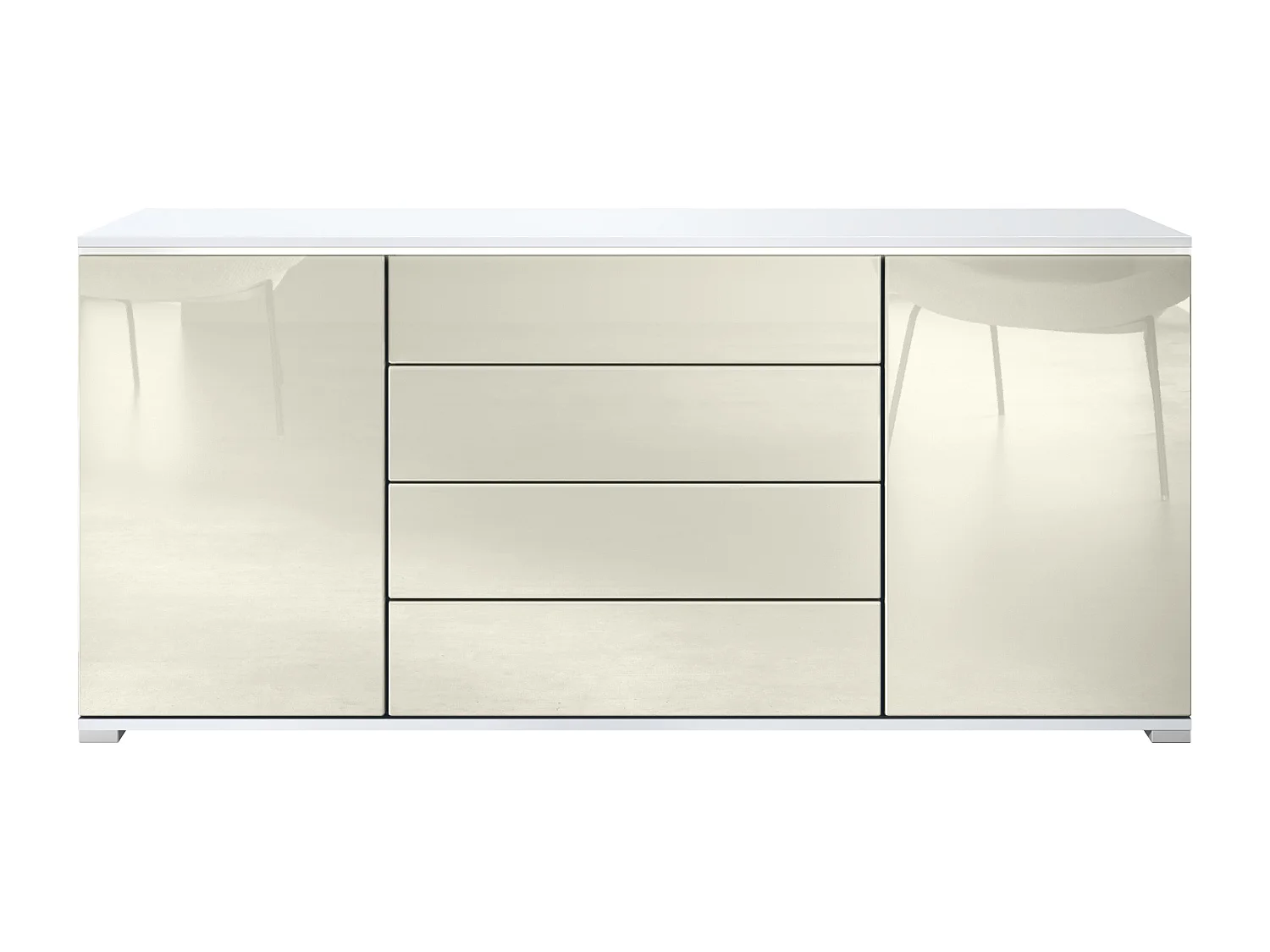 Buffet Faro V2 – Meuble avec 2 Portes & 4 Tiroirs, Armoire avec Bande LED Lumineuse, blanc mat / crème haute brillance (166,5 x 75,5 x 35)