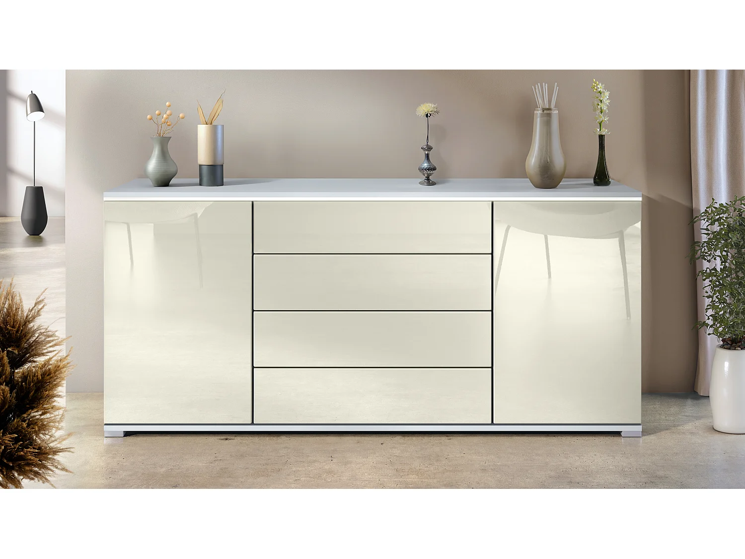 Buffet Faro V2 – Meuble avec 2 Portes & 4 Tiroirs, Armoire avec Bande LED Lumineuse, blanc mat / crème haute brillance (166,5 x 75,5 x 35)