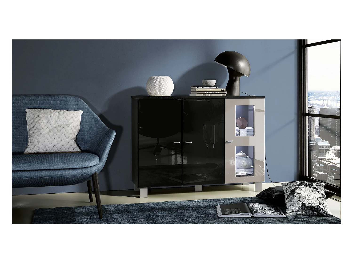 Buffet Denjo, Commode avec 3 portes, Noir mat/Noir haute brillance/Gris sable haute brillance, éclairage LED inclus (107 x 81 x 35 cm)