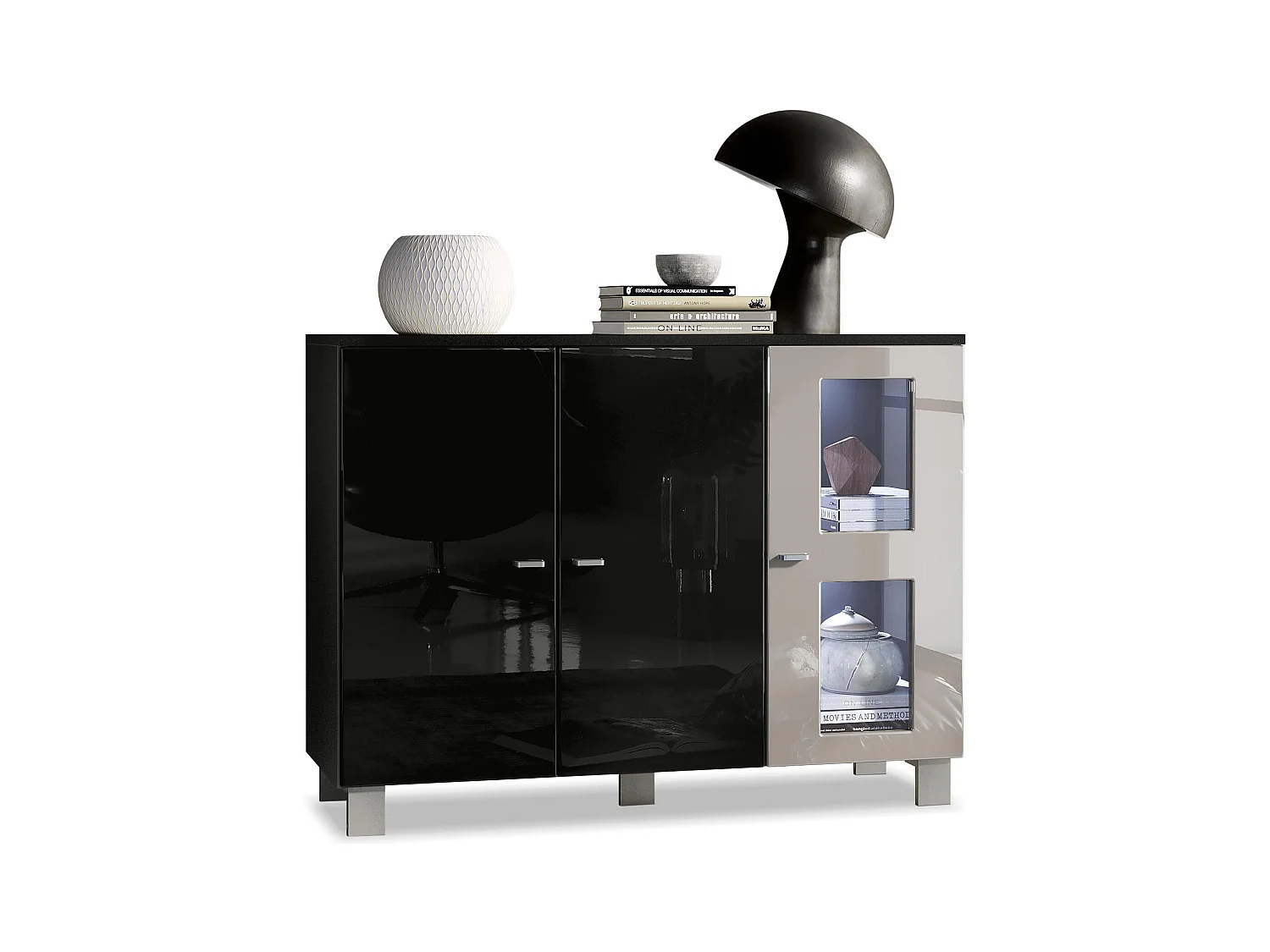 Buffet Denjo, Commode avec 3 portes, Noir mat/Noir haute brillance/Gris sable haute brillance, éclairage LED inclus (107 x 81 x 35 cm)