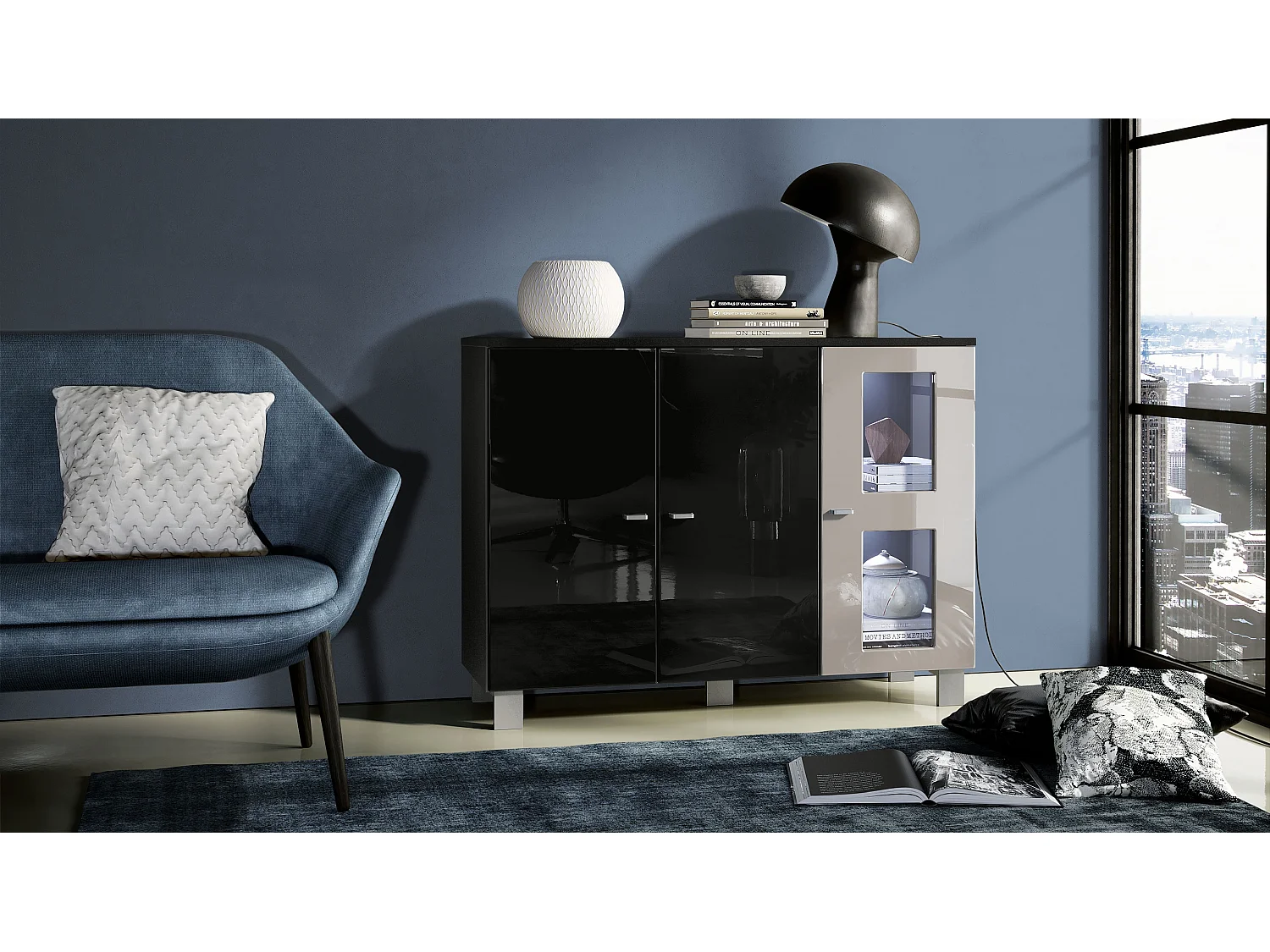 Buffet Denjo, Commode avec 3 portes, Noir mat/Noir haute brillance/Gris sable haute brillance, éclairage LED inclus (107 x 81 x 35 cm)