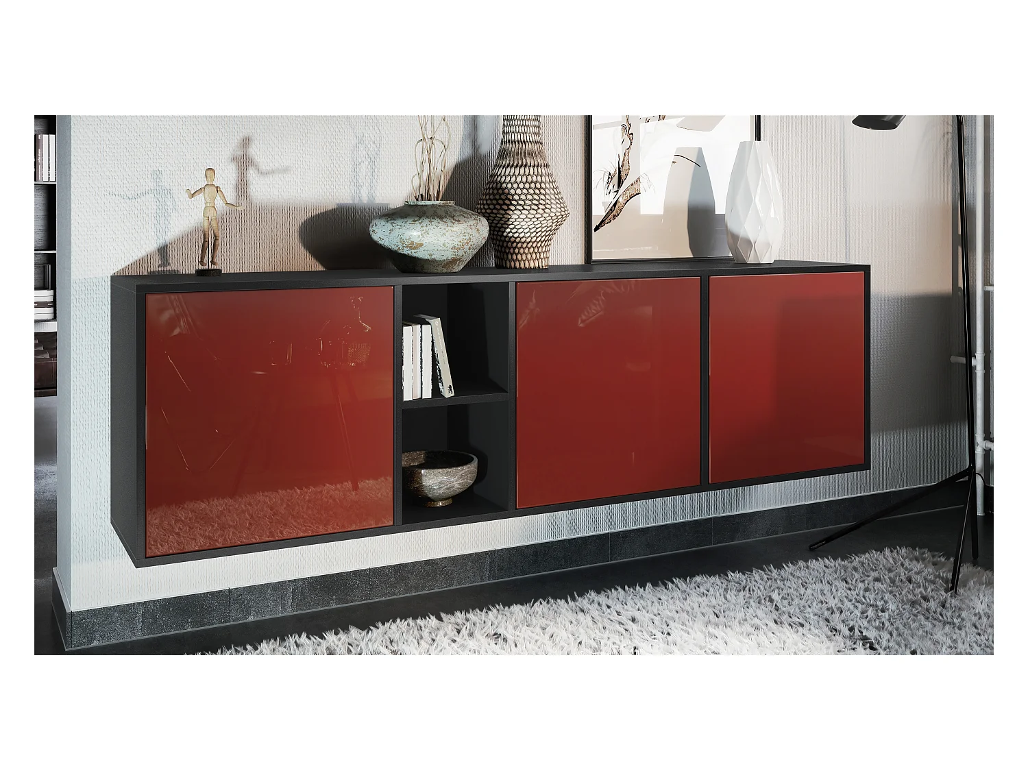 Commode Cuba - noir mat/bordeaux haute brillance - Buffet moderne pour votre salon - (LxHxP) 182x53x35 cm