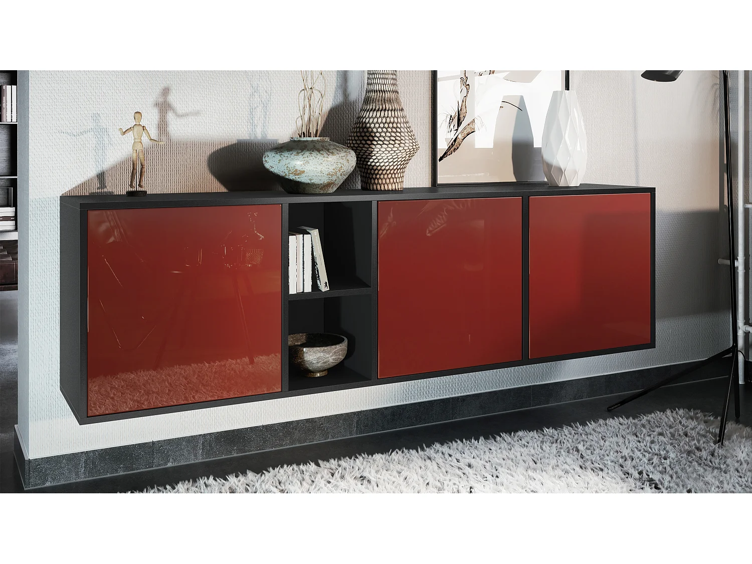 Vladon Cassettiera Cuba - nero opaco/bordeaux lucido - Credenza moderna per la zona giorno - (LxAxP) 182x53x35 cm