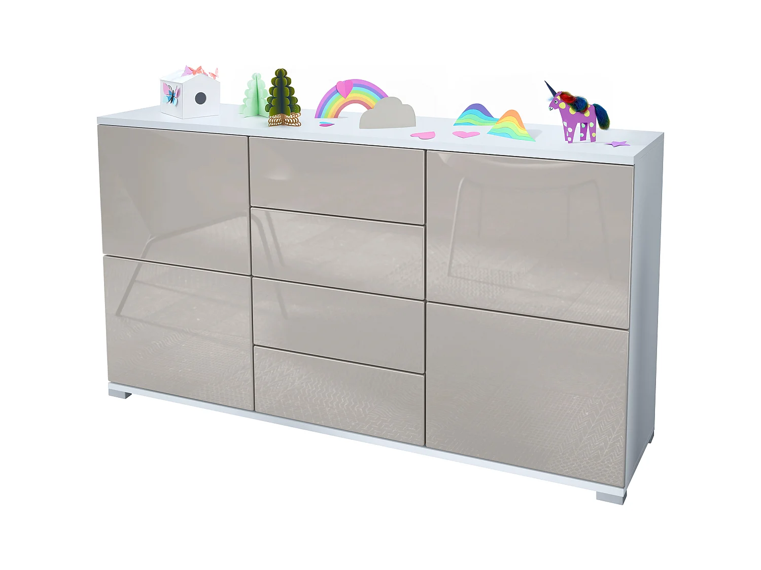 Buffet Rova V1 – Meuble avec 4 Portes et 4 Tiroirs, blanc mat/gris sable haute brillance (138,5 x 75,5 x 35)