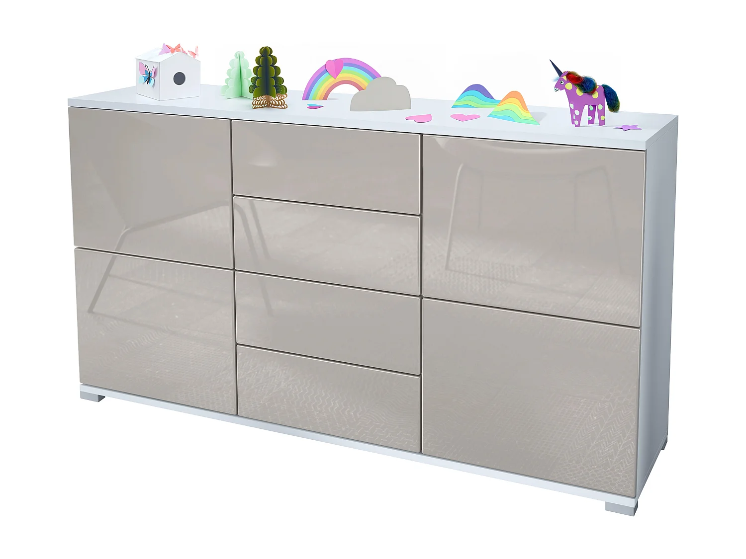 Buffet Rova V1 – Meuble avec 4 Portes et 4 Tiroirs, blanc mat/gris sable haute brillance (138,5 x 75,5 x 35)