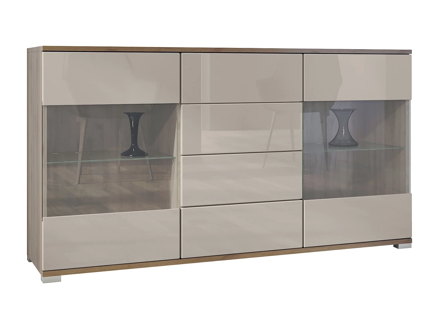 Buffet Bari V1 – Meuble avec 2 Grandes Portes et 4 Tiroirs, Chêne Evoke/gris sable haute brillance (138,5 x 75,5 x 35)